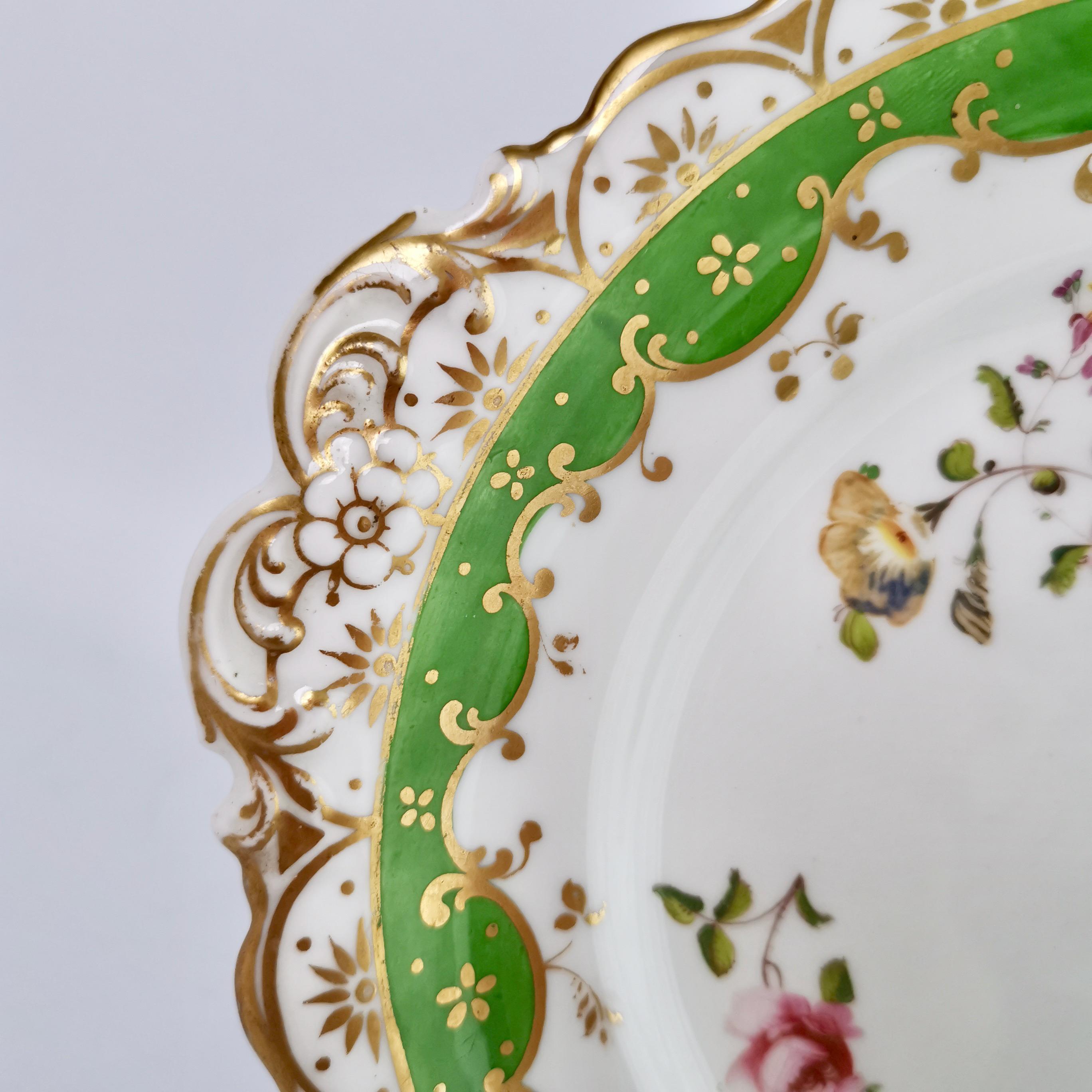 Regency Ridgway Porcelain Plate, Green with Hand Painted Flowers, ca 1832