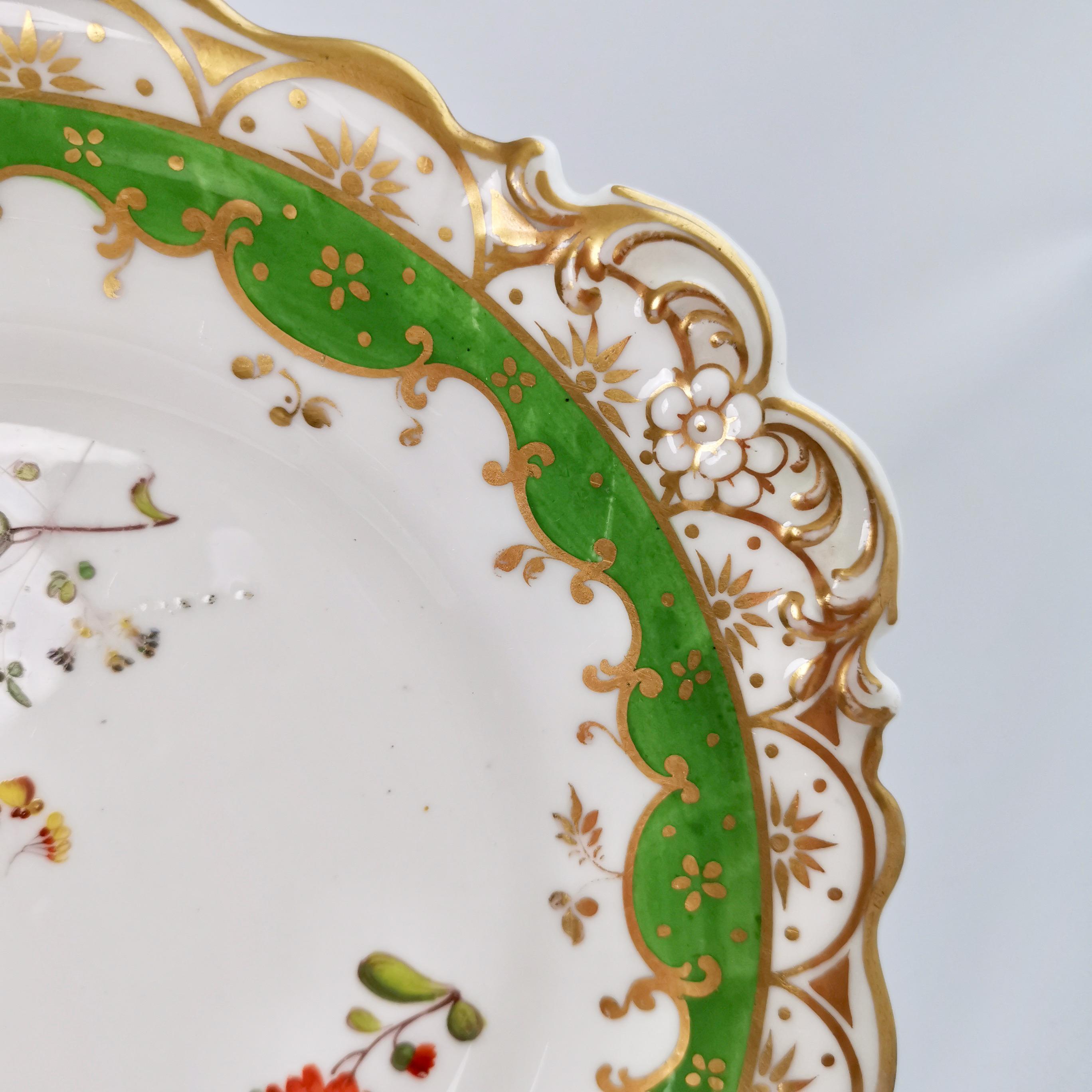 English Ridgway Porcelain Plate, Green with Hand Painted Flowers, ca 1832