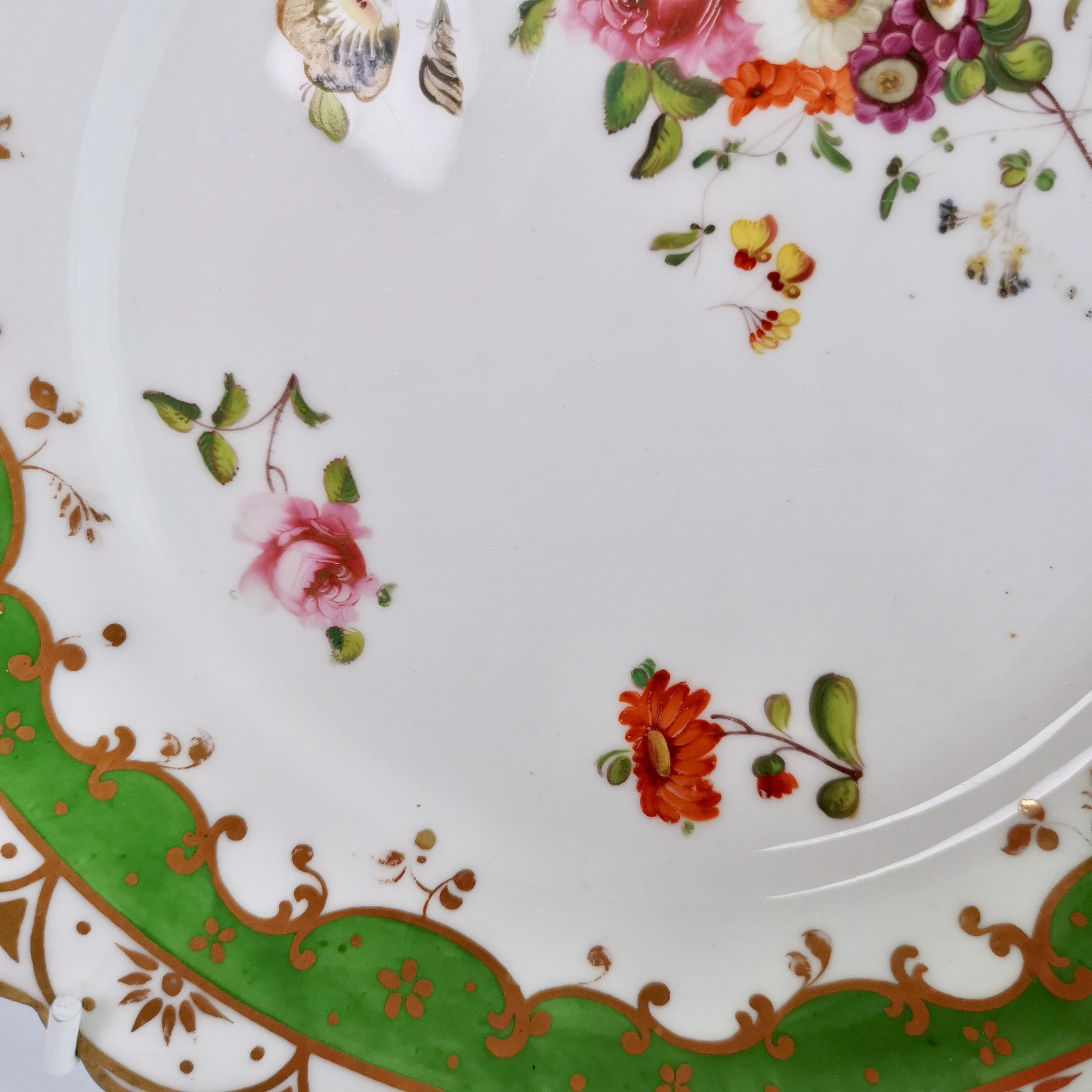Hand-Painted Ridgway Porcelain Plate, Green with Hand Painted Flowers, ca 1832