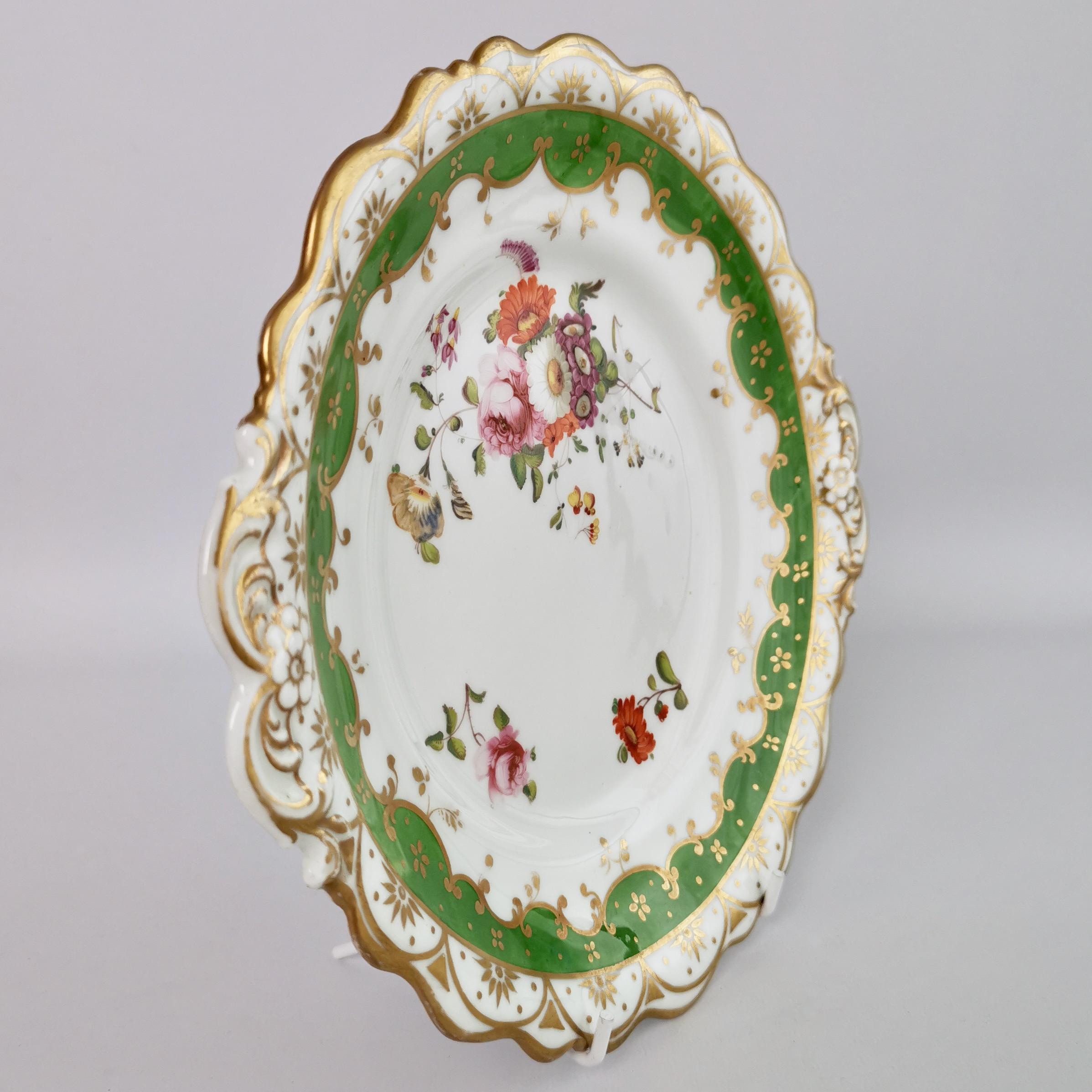 Mid-19th Century Ridgway Porcelain Plate, Green with Hand Painted Flowers, ca 1832