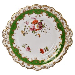 Antique Ridgway Porcelain Plate, Green with Hand Painted Flowers, ca 1832