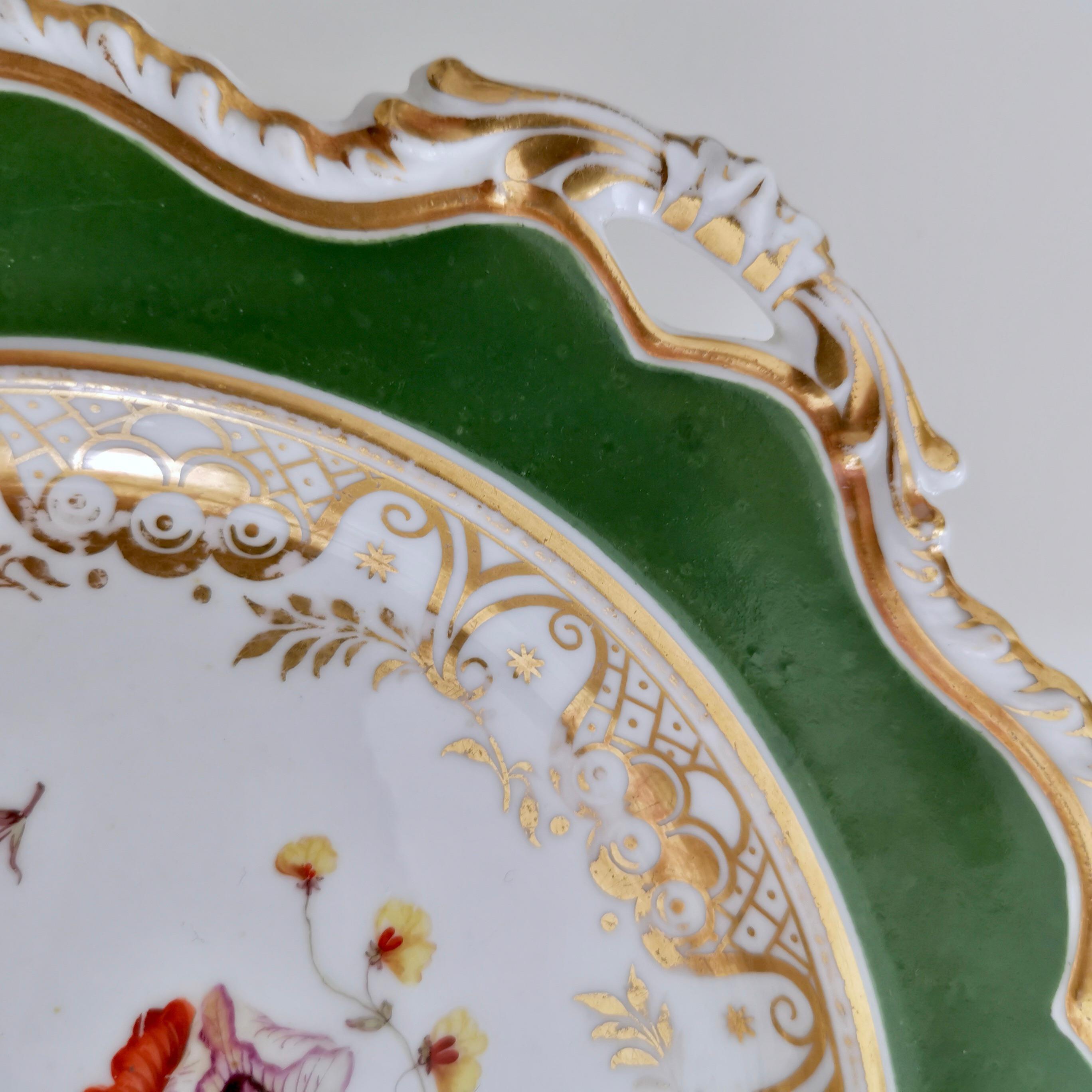 Ridgway Porcelain Plate, Green with Hand Painted Flowers, Regency, ca 1825 4