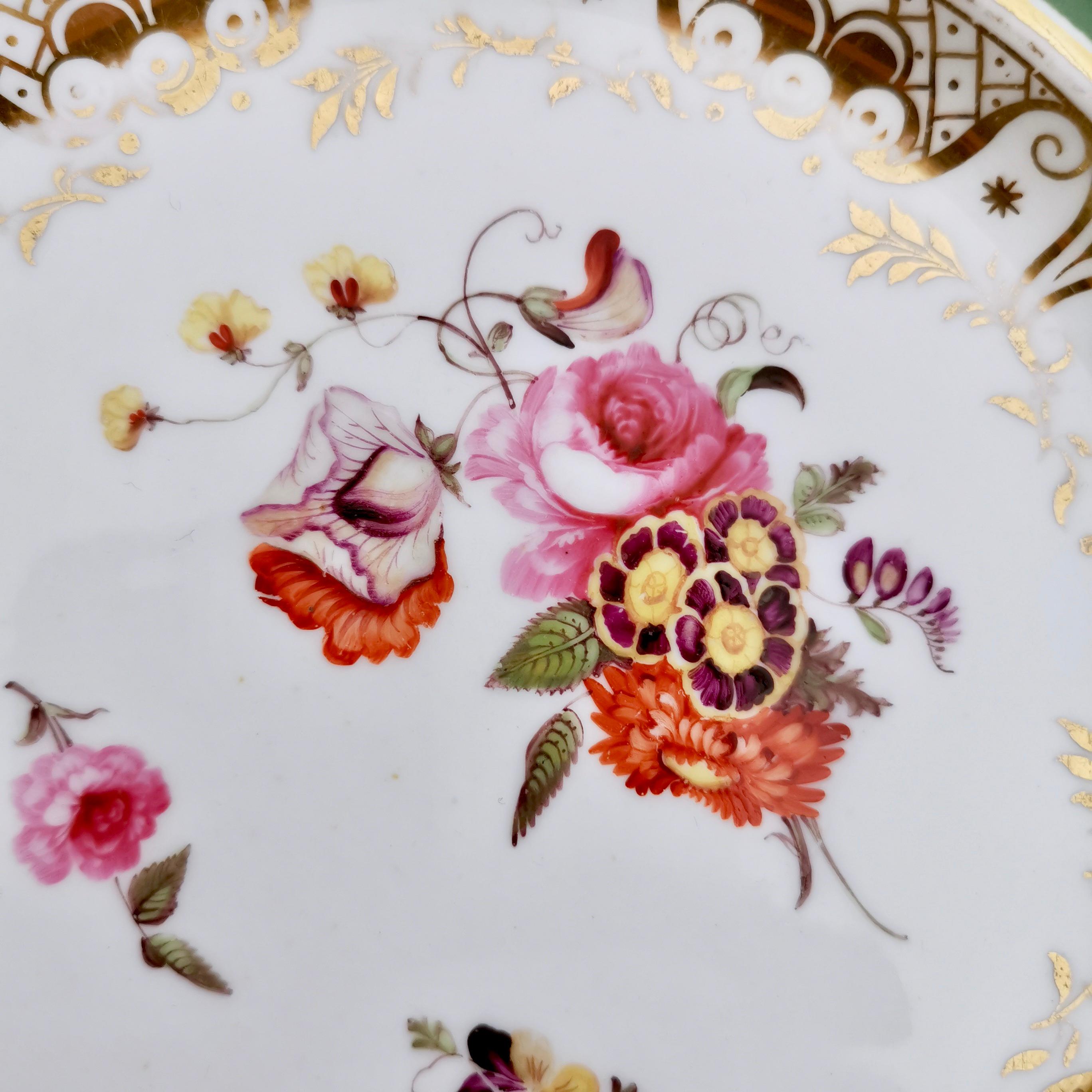 English Ridgway Porcelain Plate, Green with Hand Painted Flowers, Regency, ca 1825