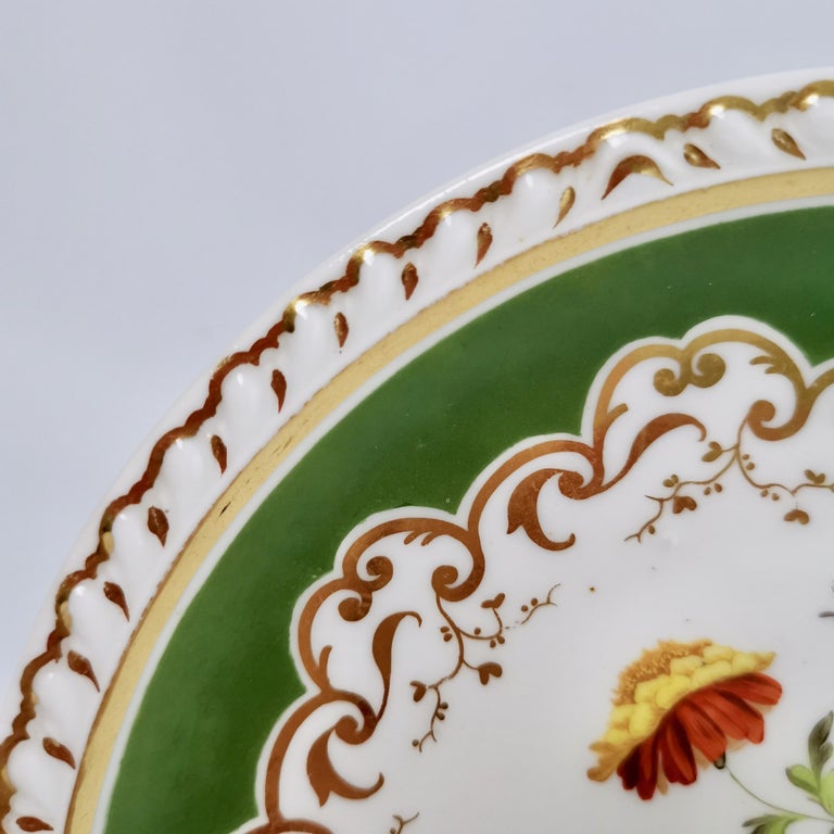 English Ridgway Porcelain Plate, Green with Hand Painted Flowers, Regency ca 1825 For Sale