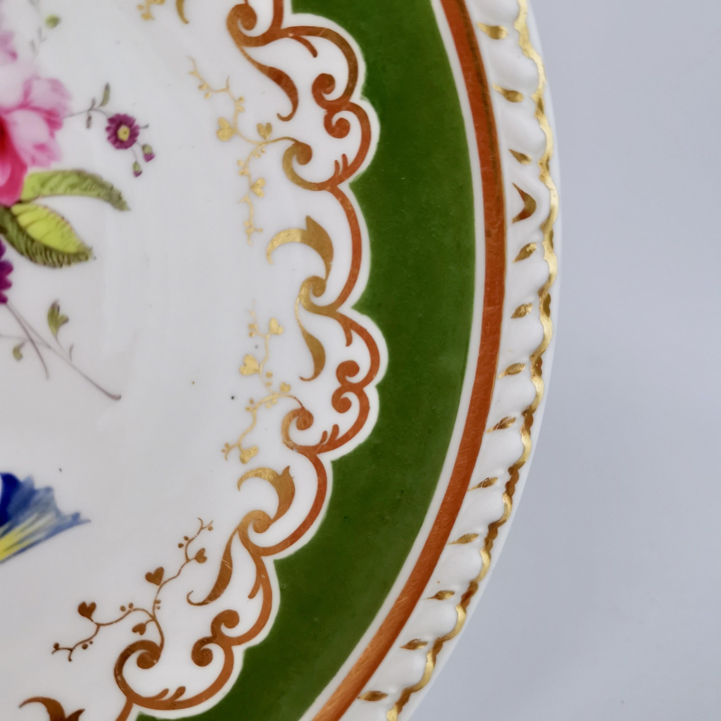 Hand-Painted Ridgway Porcelain Plate, Green with Hand Painted Flowers, Regency ca 1825 For Sale