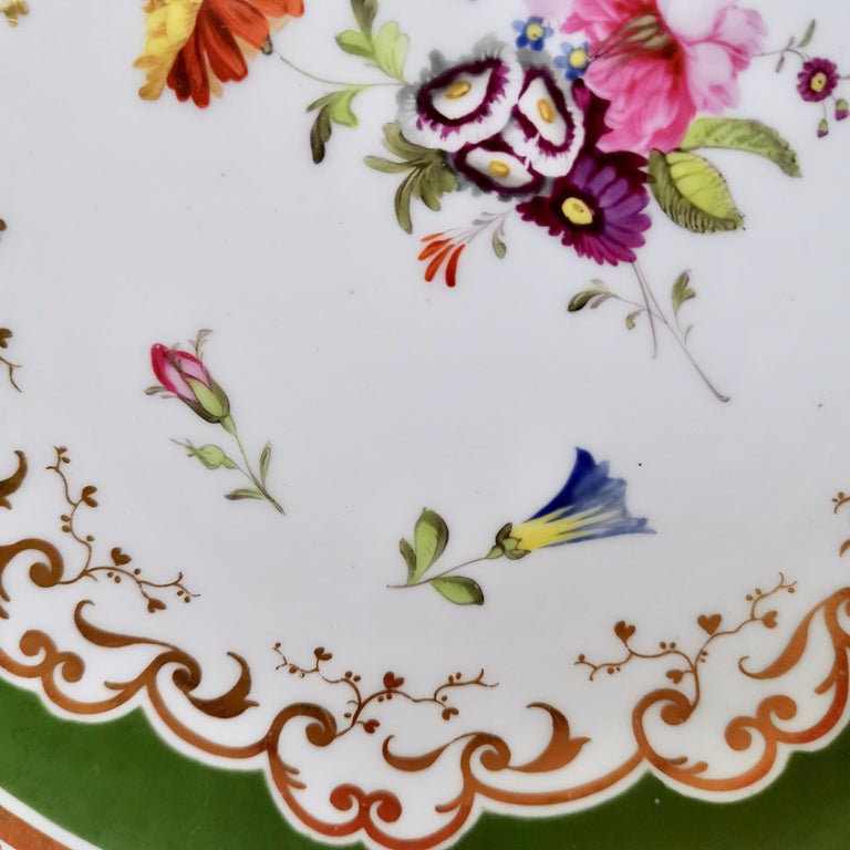 Early 19th Century Ridgway Porcelain Plate, Green with Hand Painted Flowers, Regency ca 1825 For Sale