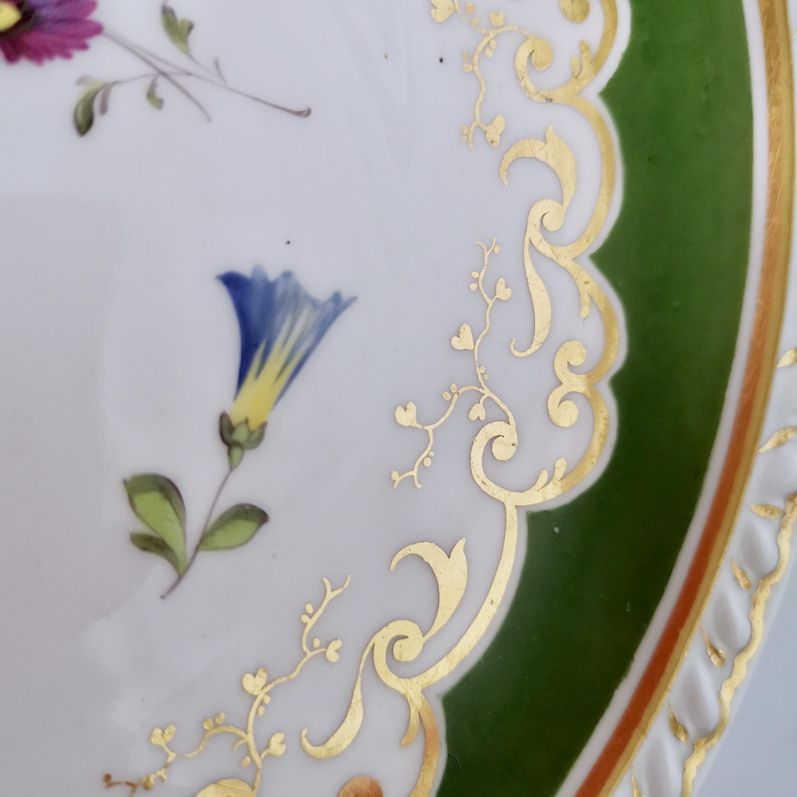 Ridgway Porcelain Plate, Green with Hand Painted Flowers, Regency ca 1825 For Sale 1