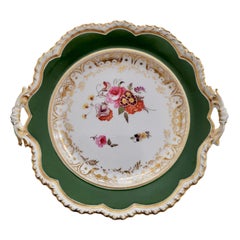 Ridgway Porcelain Plate, Green with Hand Painted Flowers, Regency, ca 1825
