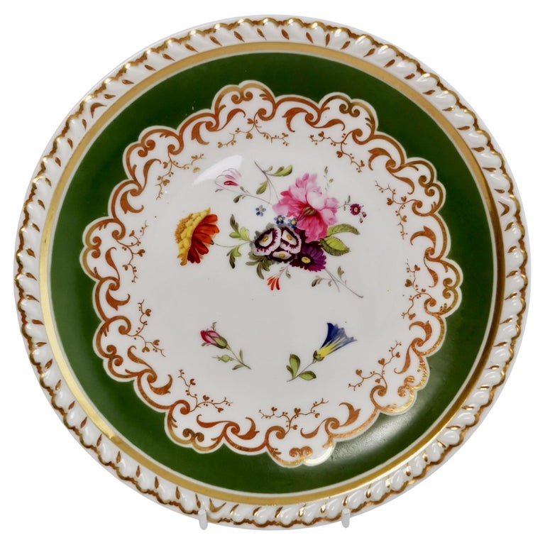 Ridgway Porcelain Plate, Green with Hand Painted Flowers, Regency ca 1825 For Sale