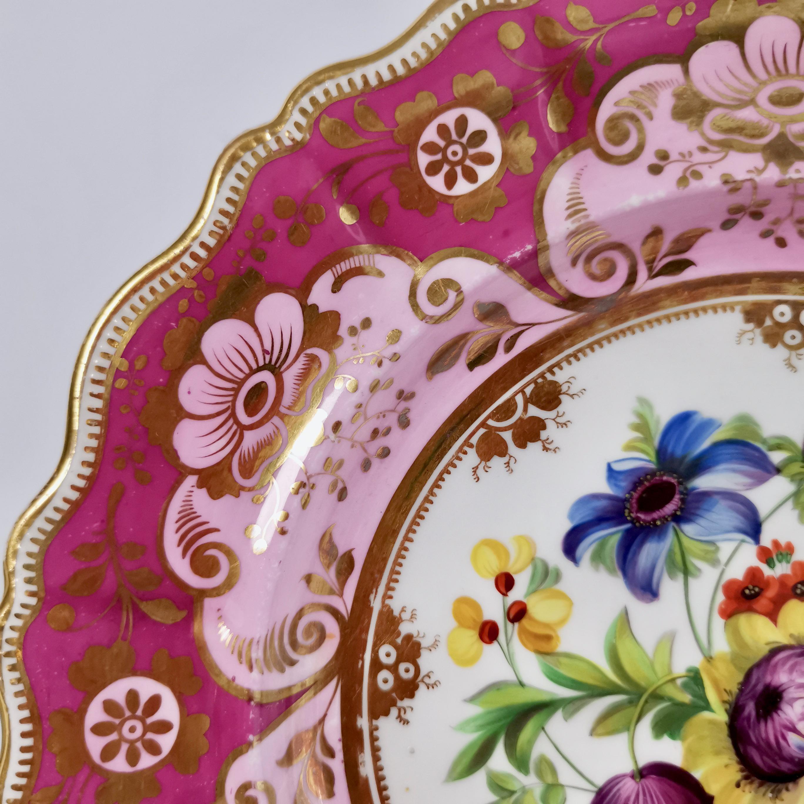 English Ridgway Porcelain Plate, Mauve, Pink and Flowers, Regency, ca 1829