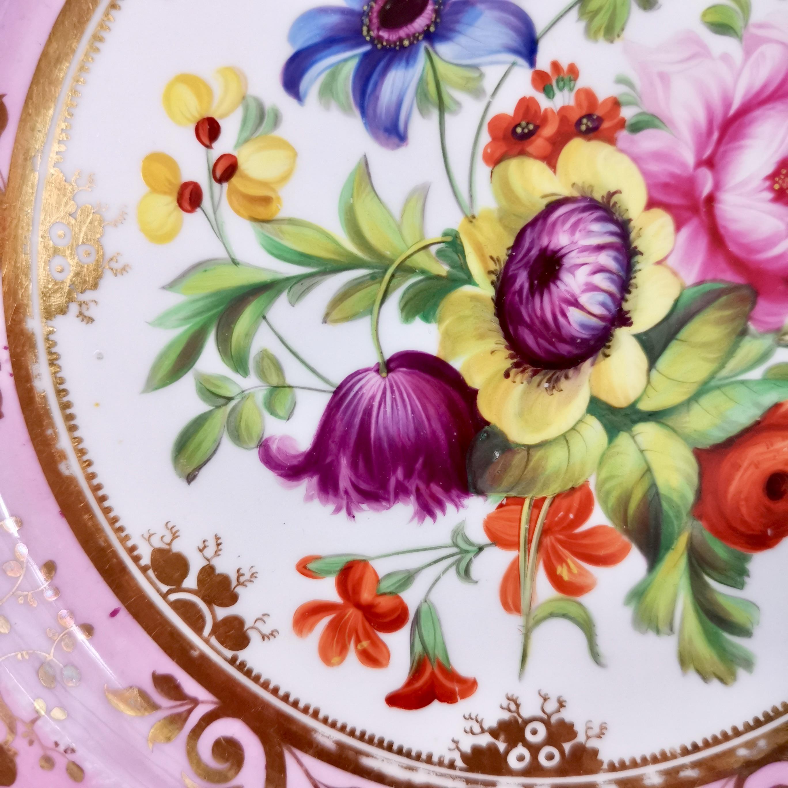 Hand-Painted Ridgway Porcelain Plate, Mauve, Pink and Flowers, Regency, ca 1829