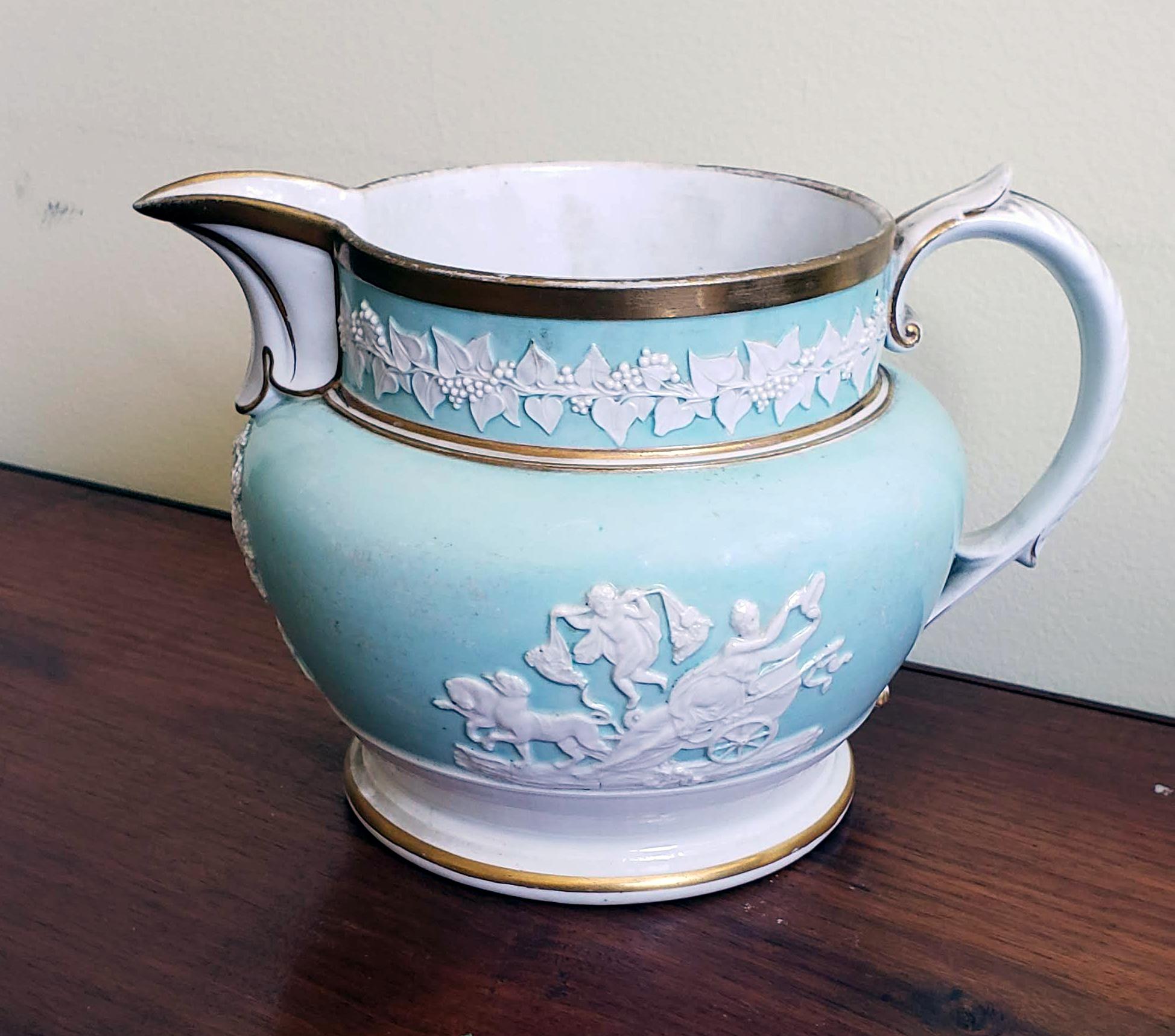 Ridgway Porcelain Sprigged Large Jug with Light Blue Ground, circa 1820 In Good Condition In Downingtown, PA