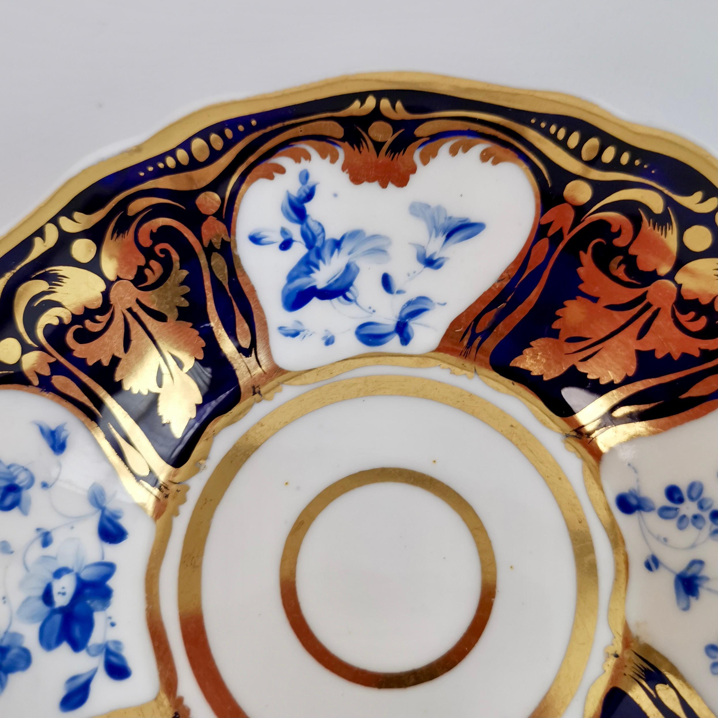 English Ridgway Porcelain Teacup and Saucer, Blue Flowers and Gilt, Regency, Ca 1825 For Sale