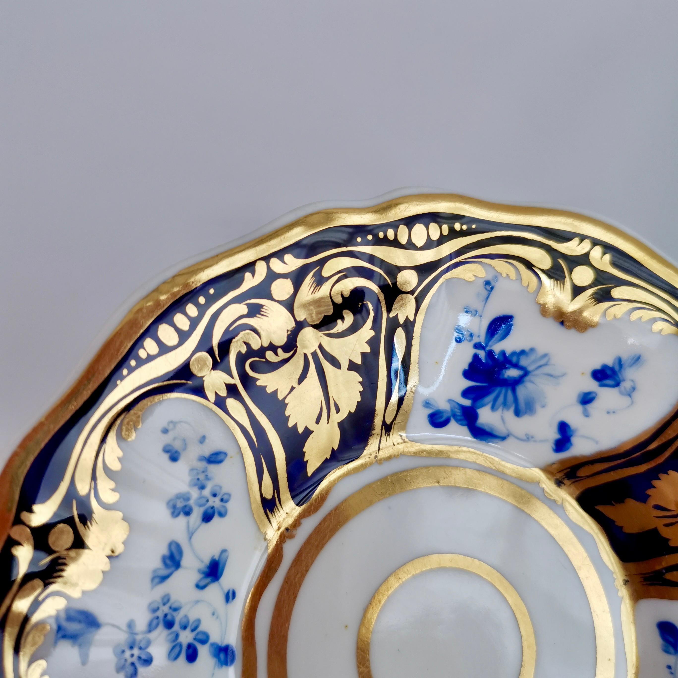 Early 19th Century Ridgway Porcelain Teacup and Saucer, Blue Flowers and Gilt, Regency, Ca 1825 For Sale