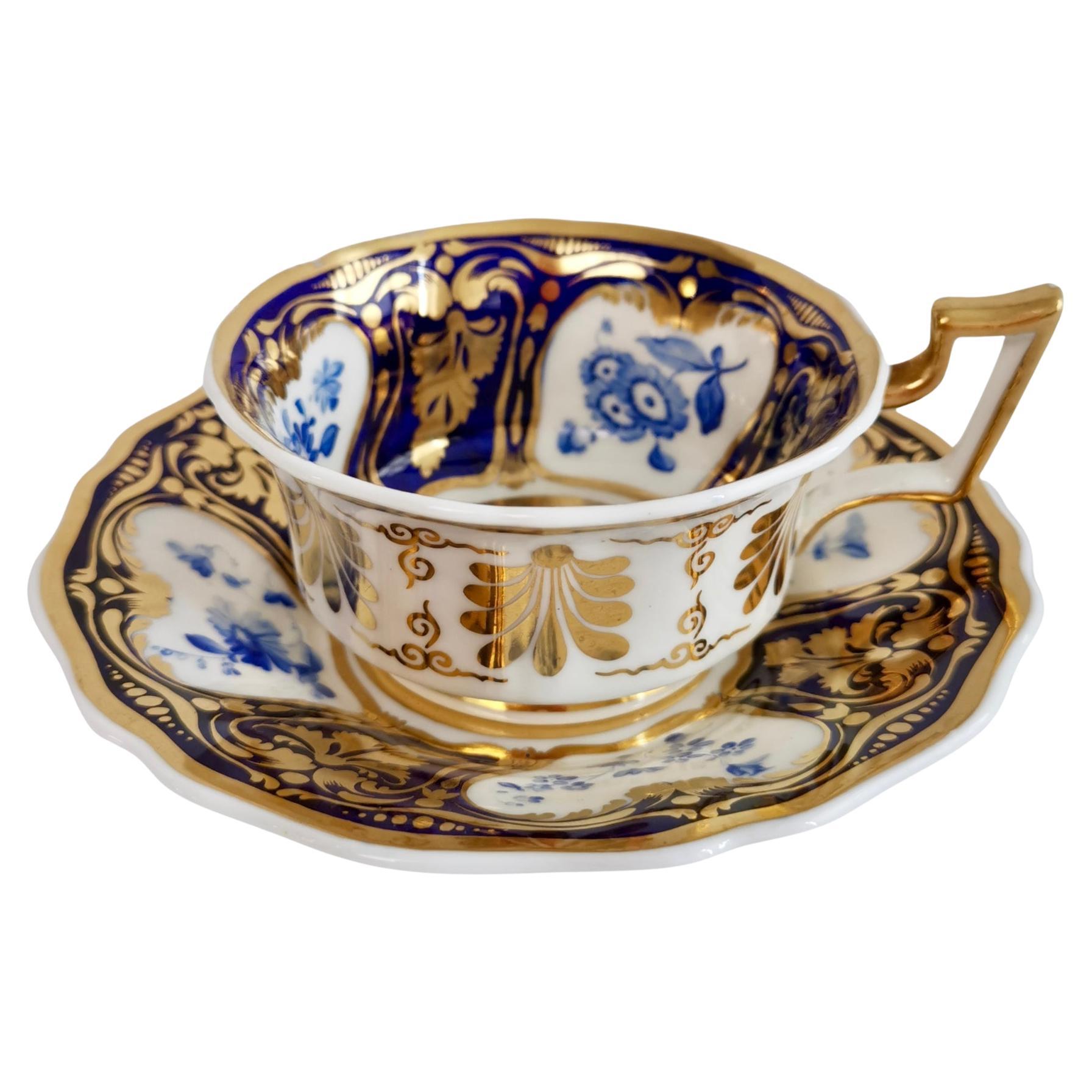 Ridgway Porcelain Teacup and Saucer, Blue Flowers and Gilt, Regency, Ca 1825