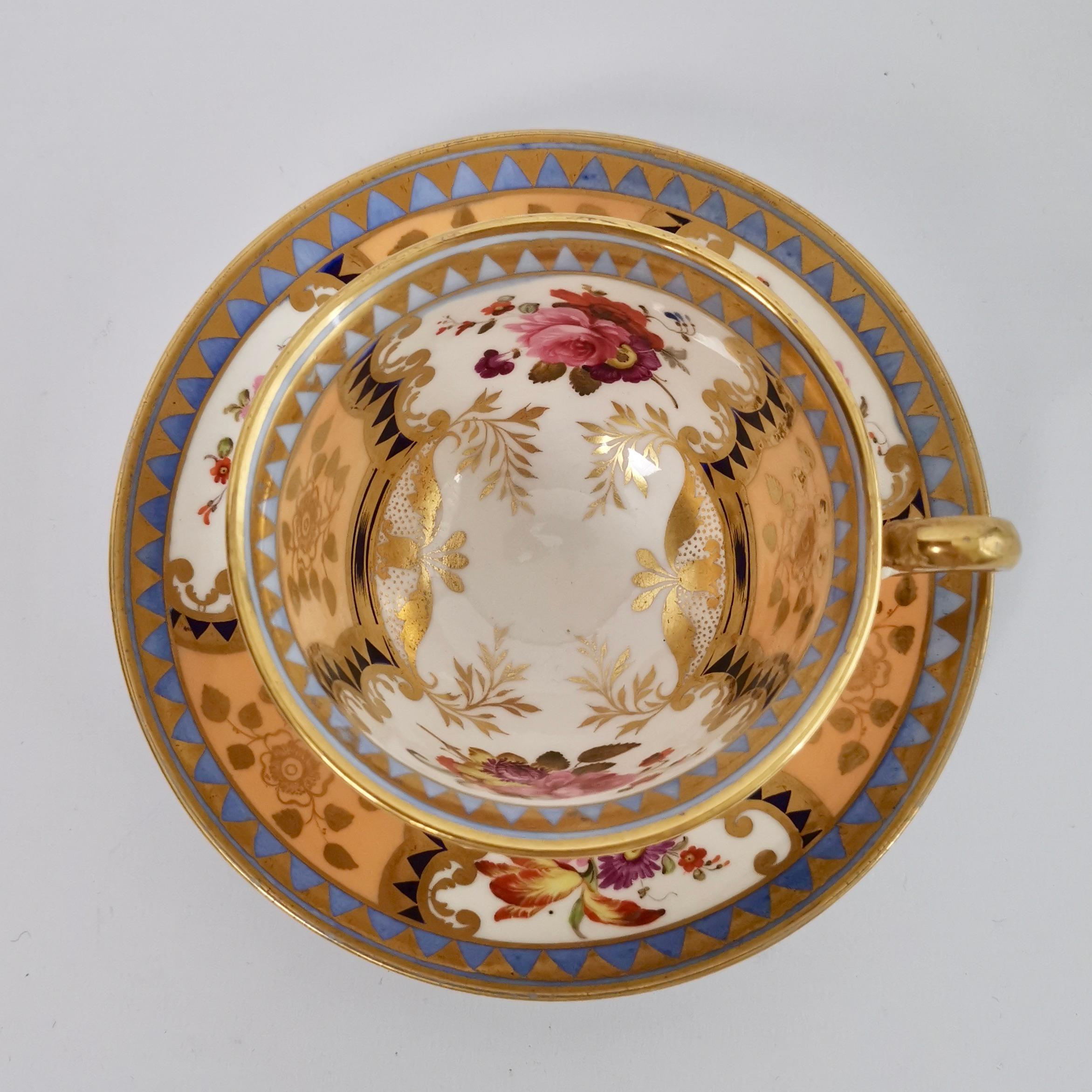 English Ridgway Porcelain Teacup, Apricot, Periwinkle and Flowers, Regency circa 1820