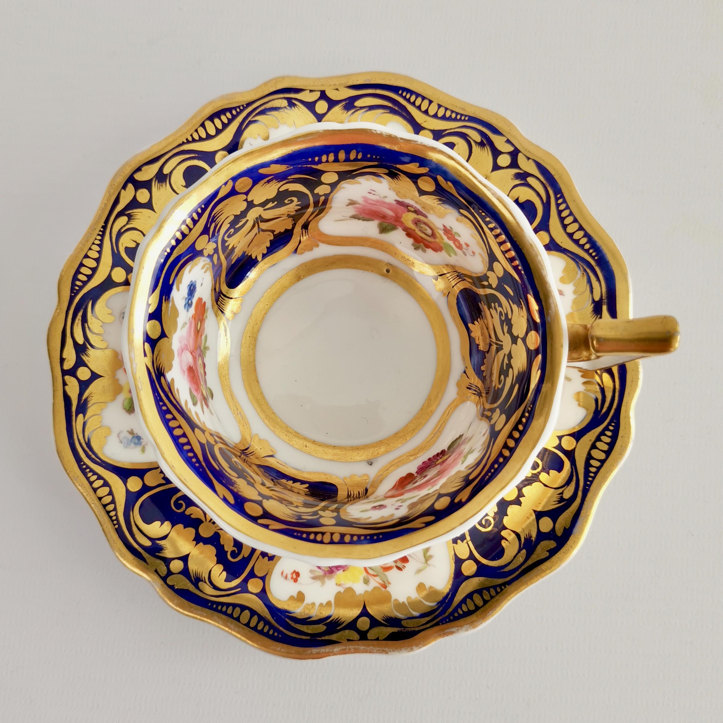English Ridgway Porcelain Teacup, Cobalt Blue, Gilt and Flowers, Regency ca 1825