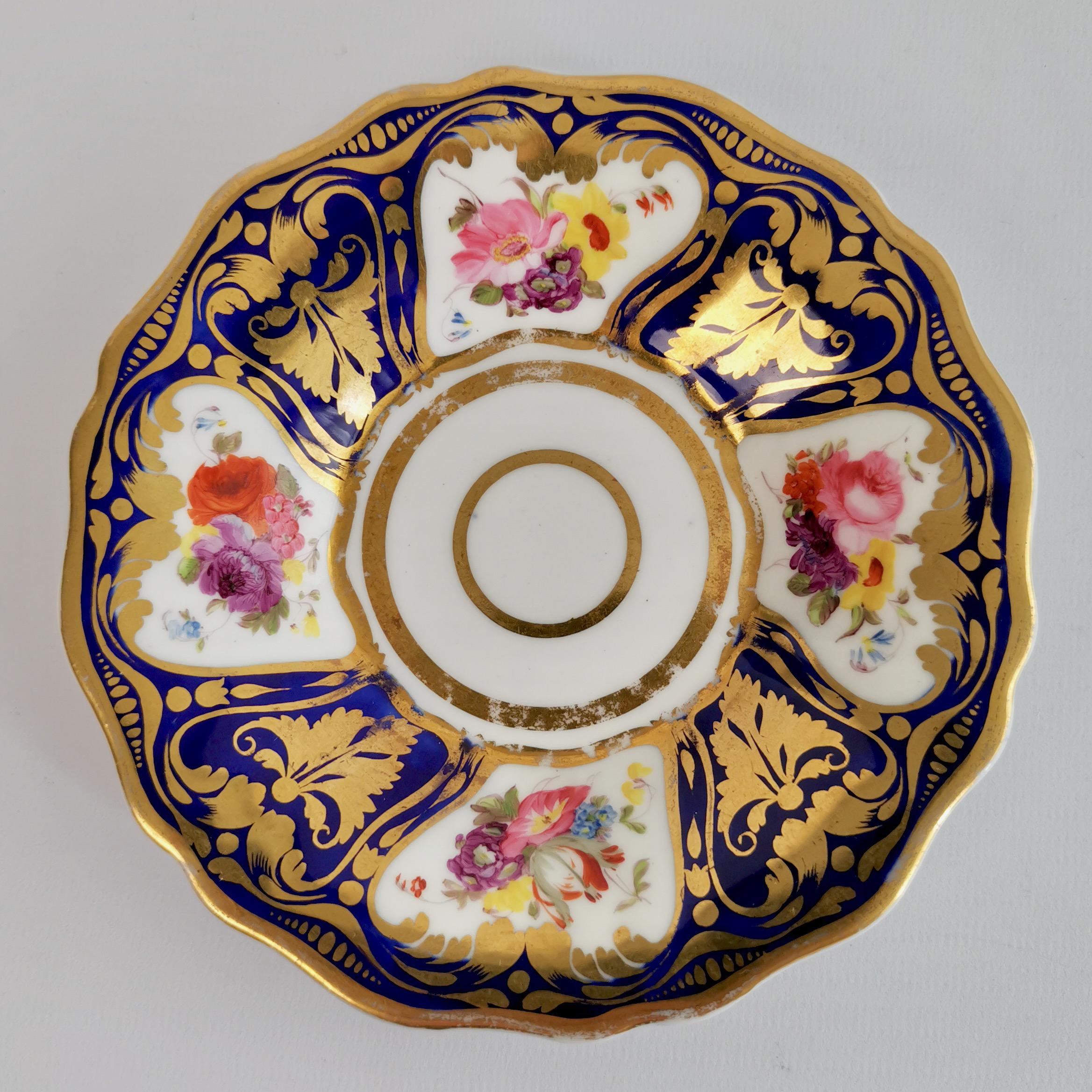 Hand-Painted Ridgway Porcelain Teacup, Cobalt Blue, Gilt and Flowers, Regency ca 1825
