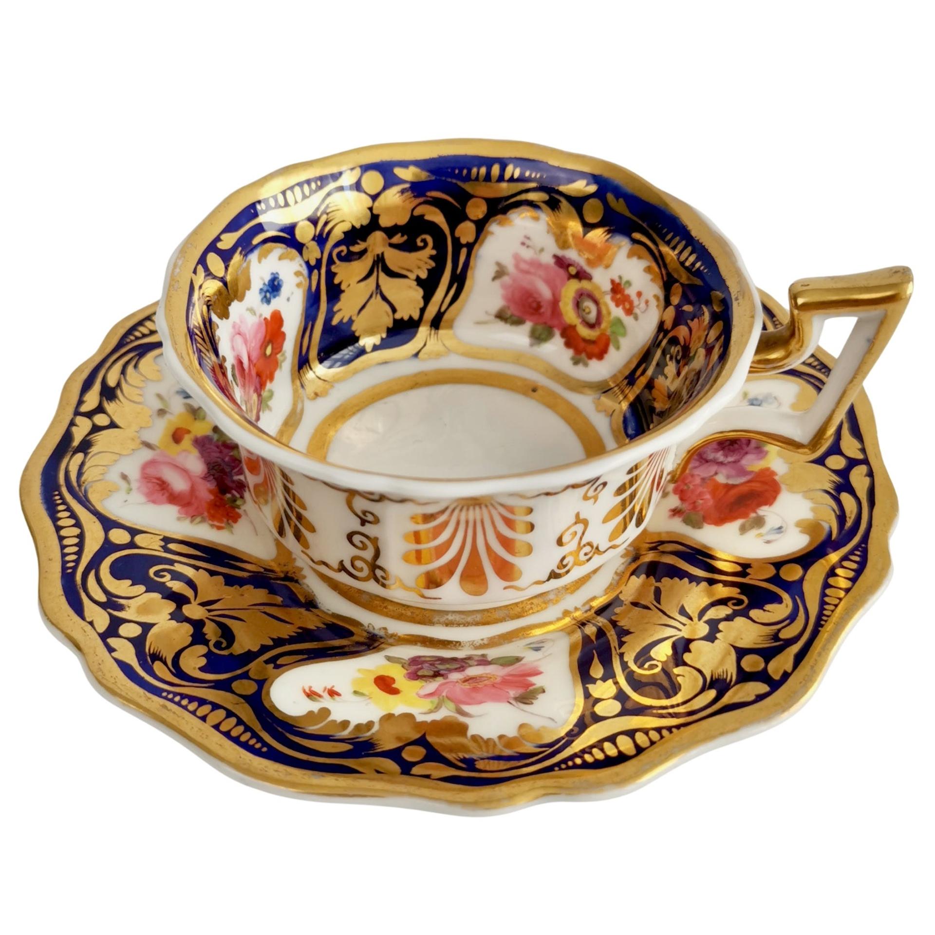 Ridgway Porcelain Teacup, Cobalt Blue, Gilt and Flowers, Regency ca 1825