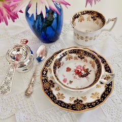 Ridgway Porcelain Teacup Trio, Cobalt Blue, Gilt and Flowers, Regency circa 1825