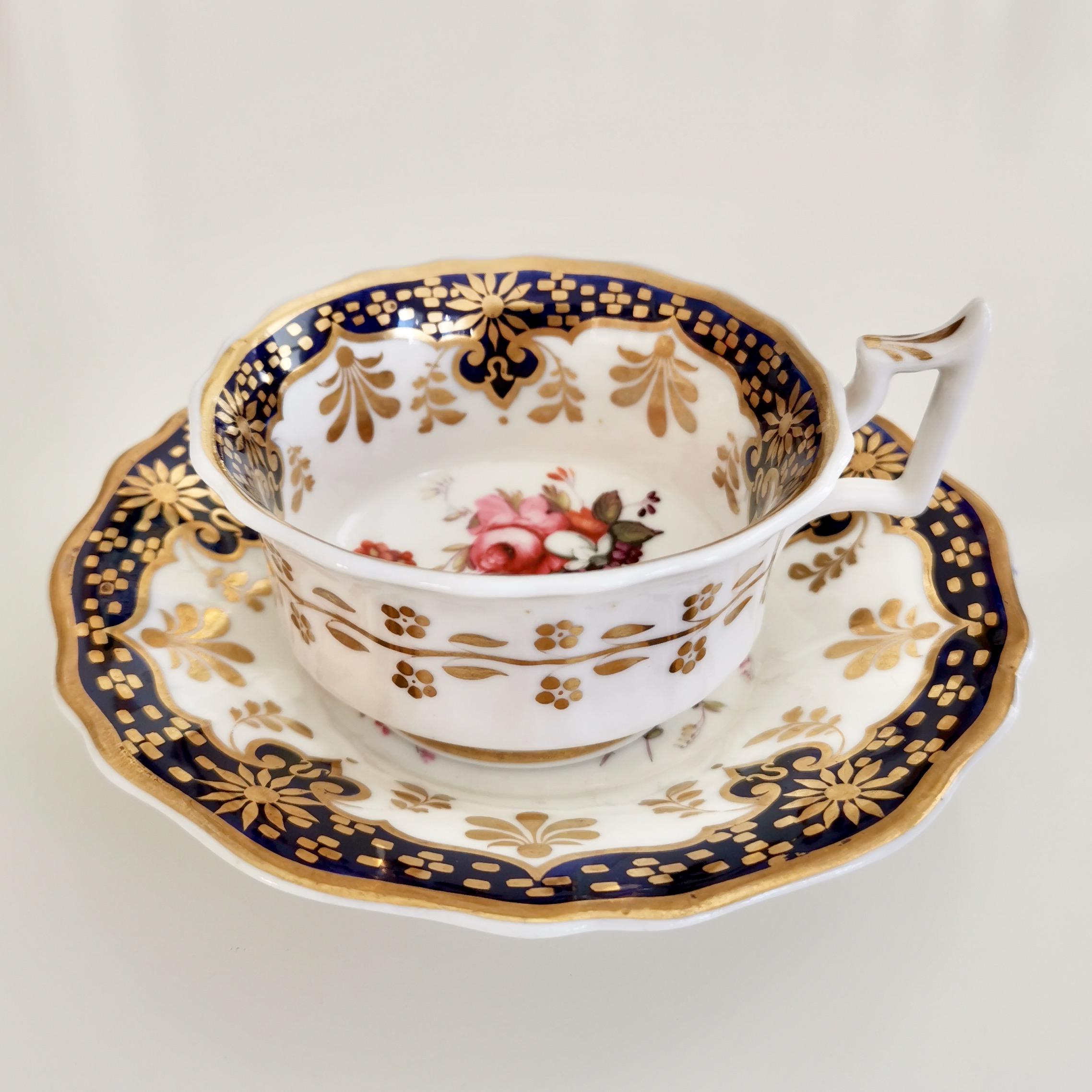 English Ridgway Porcelain Teacup Trio, Cobalt Blue, Gilt and Flowers, Regency circa 1825