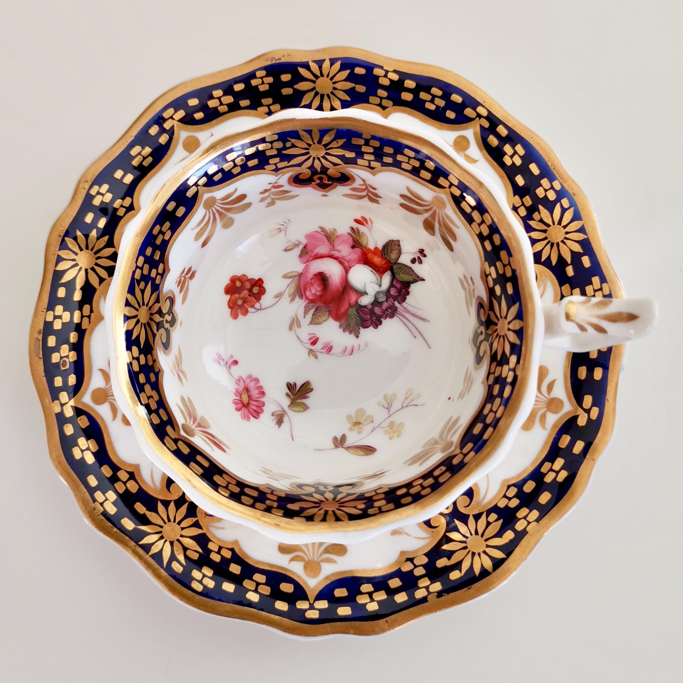 Hand-Painted Ridgway Porcelain Teacup Trio, Cobalt Blue, Gilt and Flowers, Regency circa 1825