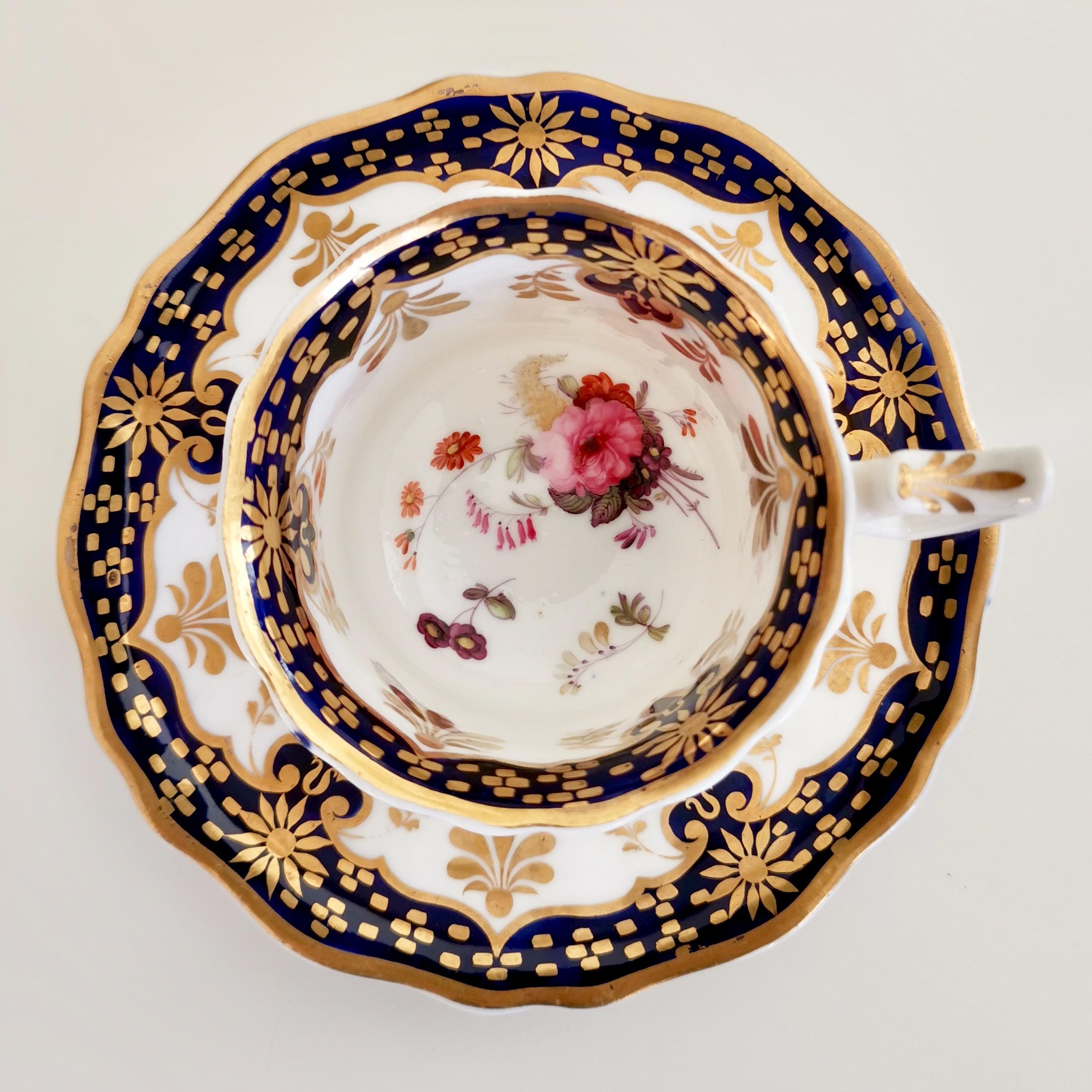 Early 19th Century Ridgway Porcelain Teacup Trio, Cobalt Blue, Gilt and Flowers, Regency circa 1825