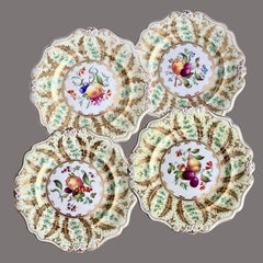 Ridgway Set of 4 Plates, Daisy Moulded, Green with Fruit Paintings, ca 1835