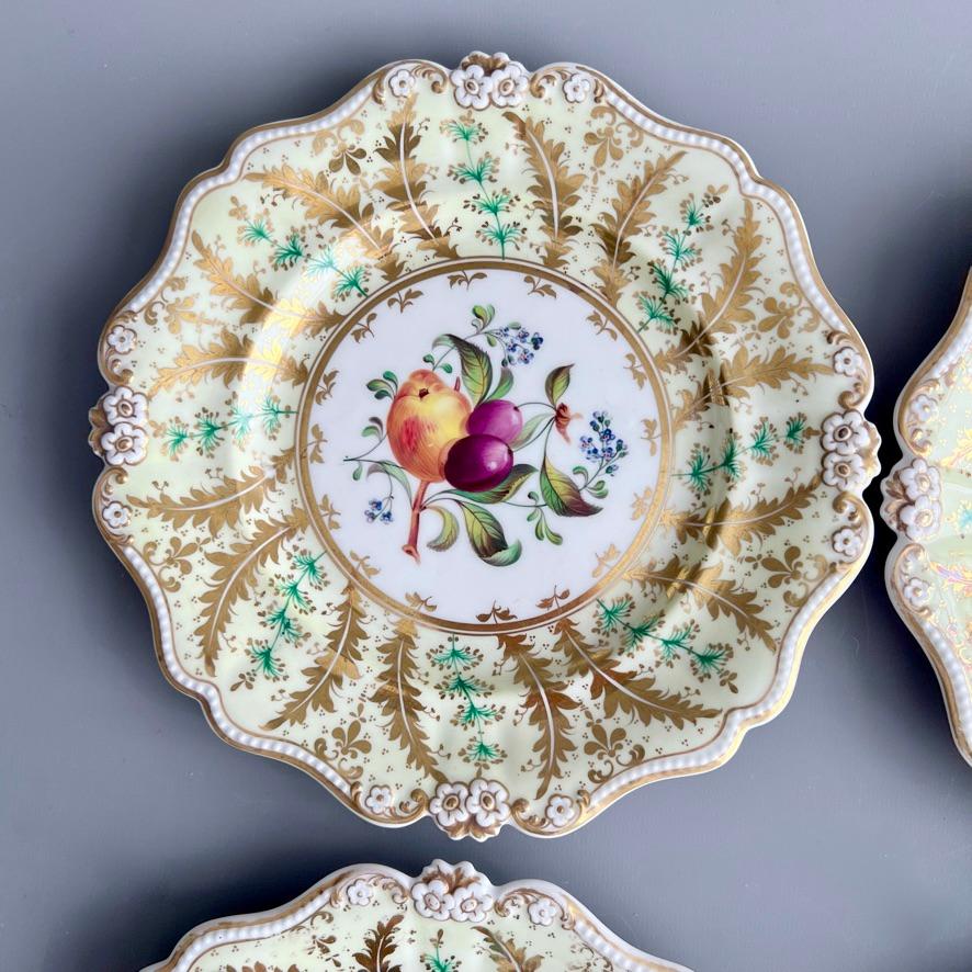 English Ridgway Set of 4 Plates, Daisy Moulded, Green with Fruit Paintings, ca 1835