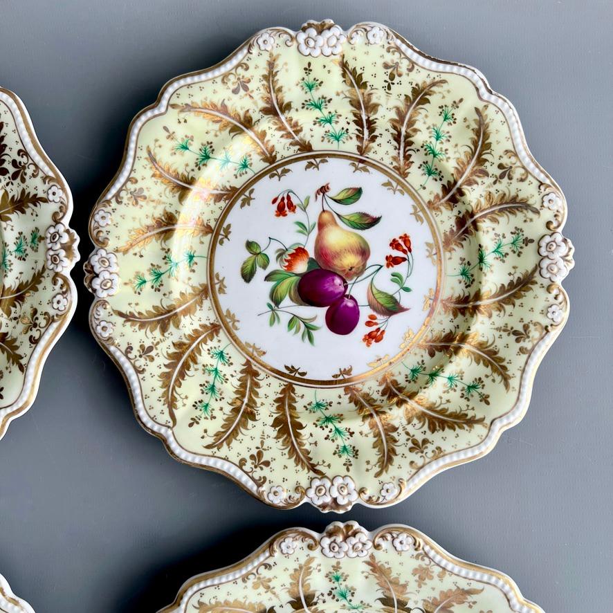 Hand-Painted Ridgway Set of 4 Plates, Daisy Moulded, Green with Fruit Paintings, ca 1835