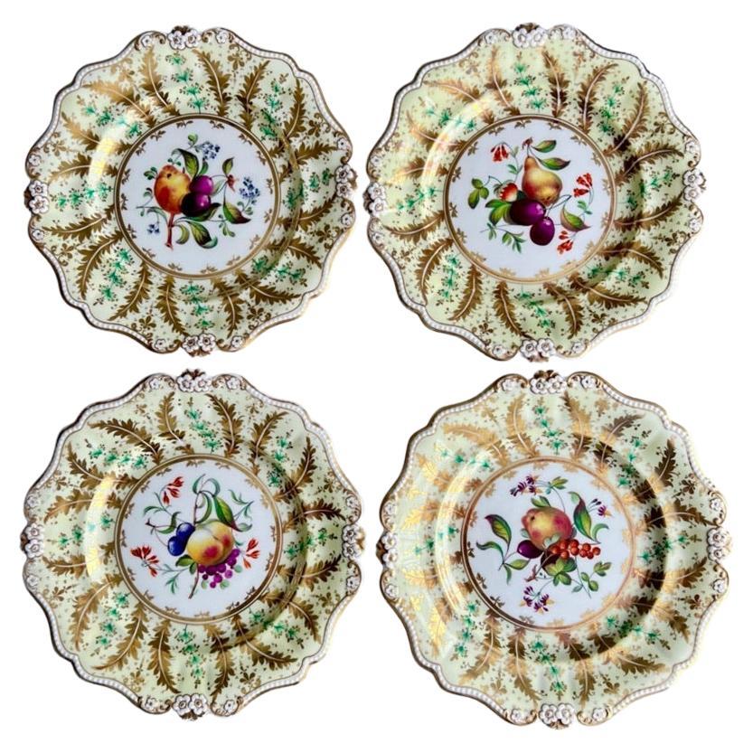 Ridgway Set of 4 Plates, Daisy Moulded, Green with Fruit Paintings, ca 1835