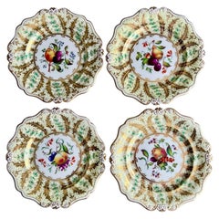 Antique Ridgway Set of 4 Plates, Daisy Moulded, Green with Fruit Paintings, ca 1835