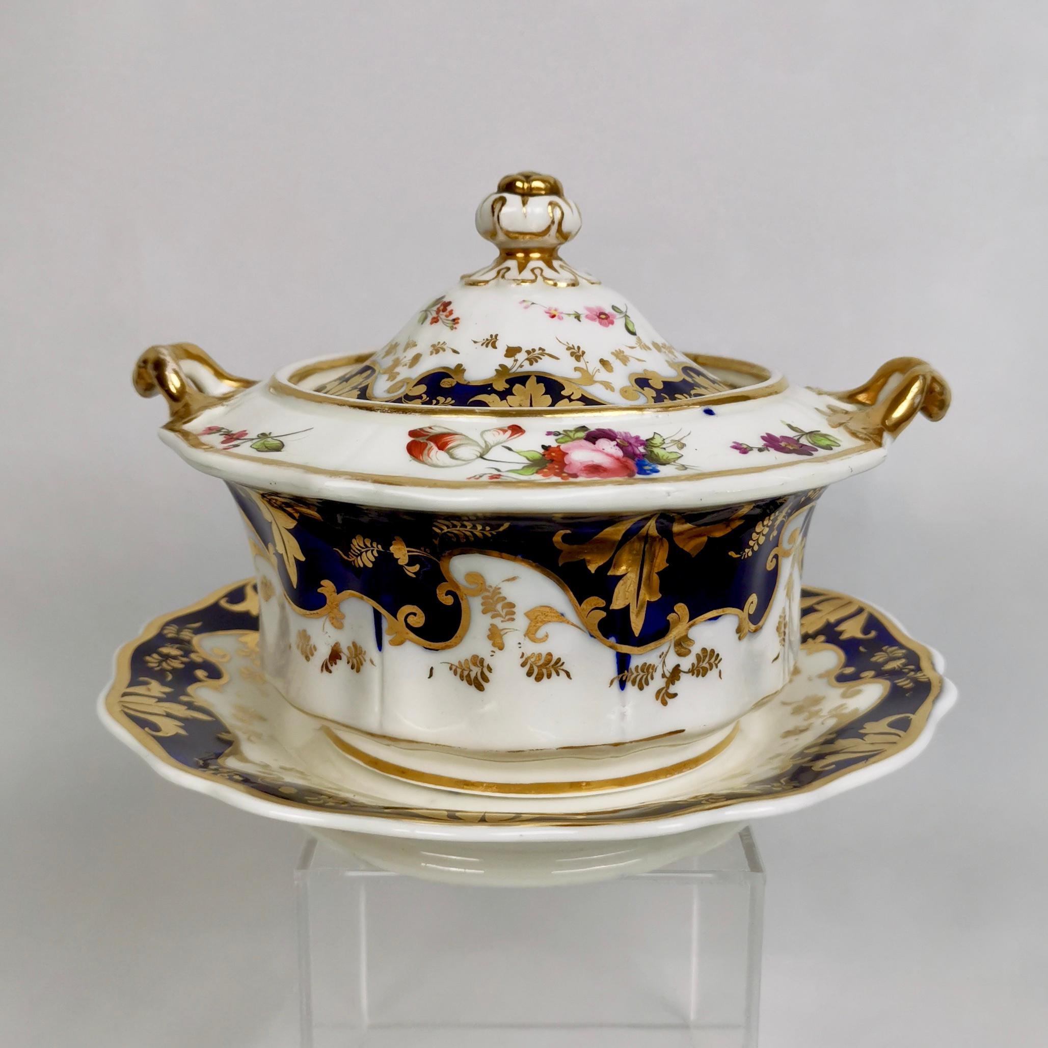English Ridgway Porcelain Tea Service, Flowers on Cobalt Blue and Gilt, Regency ca 1825