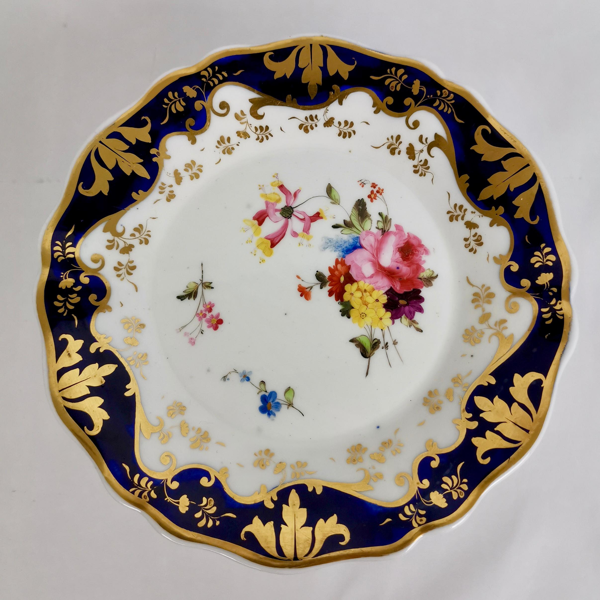 Hand-Painted Ridgway Porcelain Tea Service, Flowers on Cobalt Blue and Gilt, Regency ca 1825