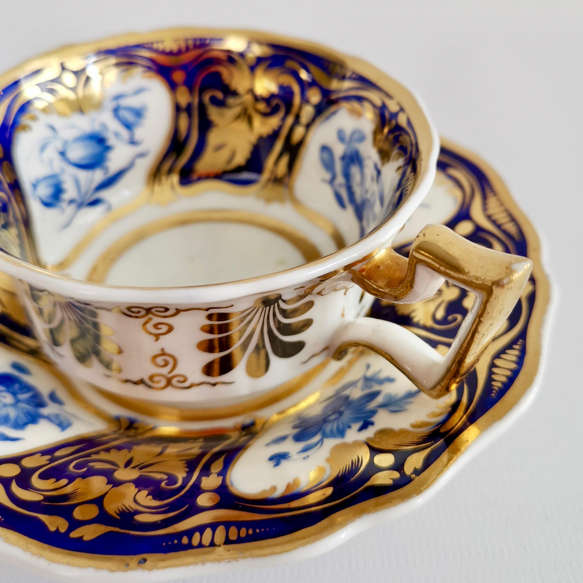 Ridgway Teacup and Saucer, Blue and Gilt, Flowers Patt. 2/1000, Regency ca 1825 In Good Condition In London, GB