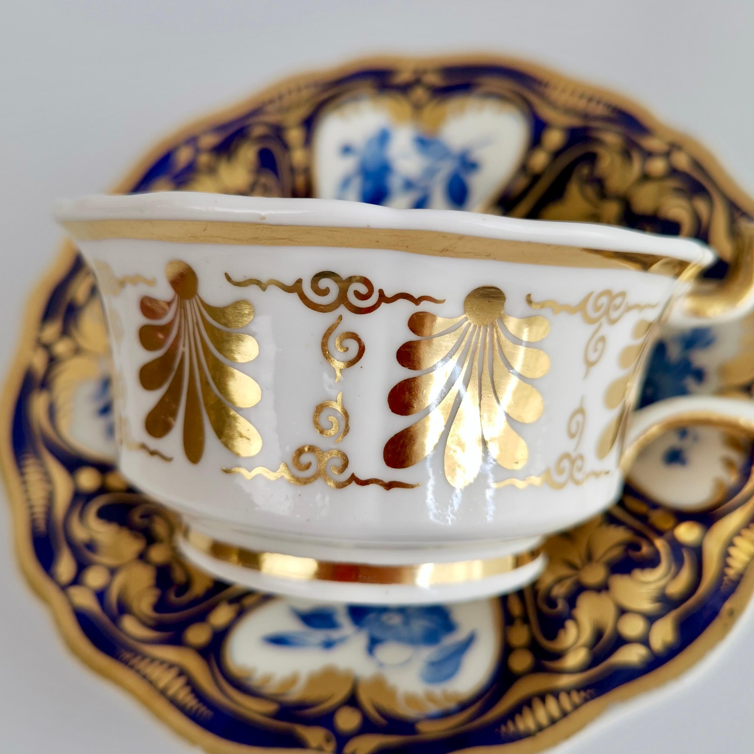 Porcelain Ridgway Teacup and Saucer, Blue and Gilt, Flowers Patt. 2/1000, Regency ca 1825