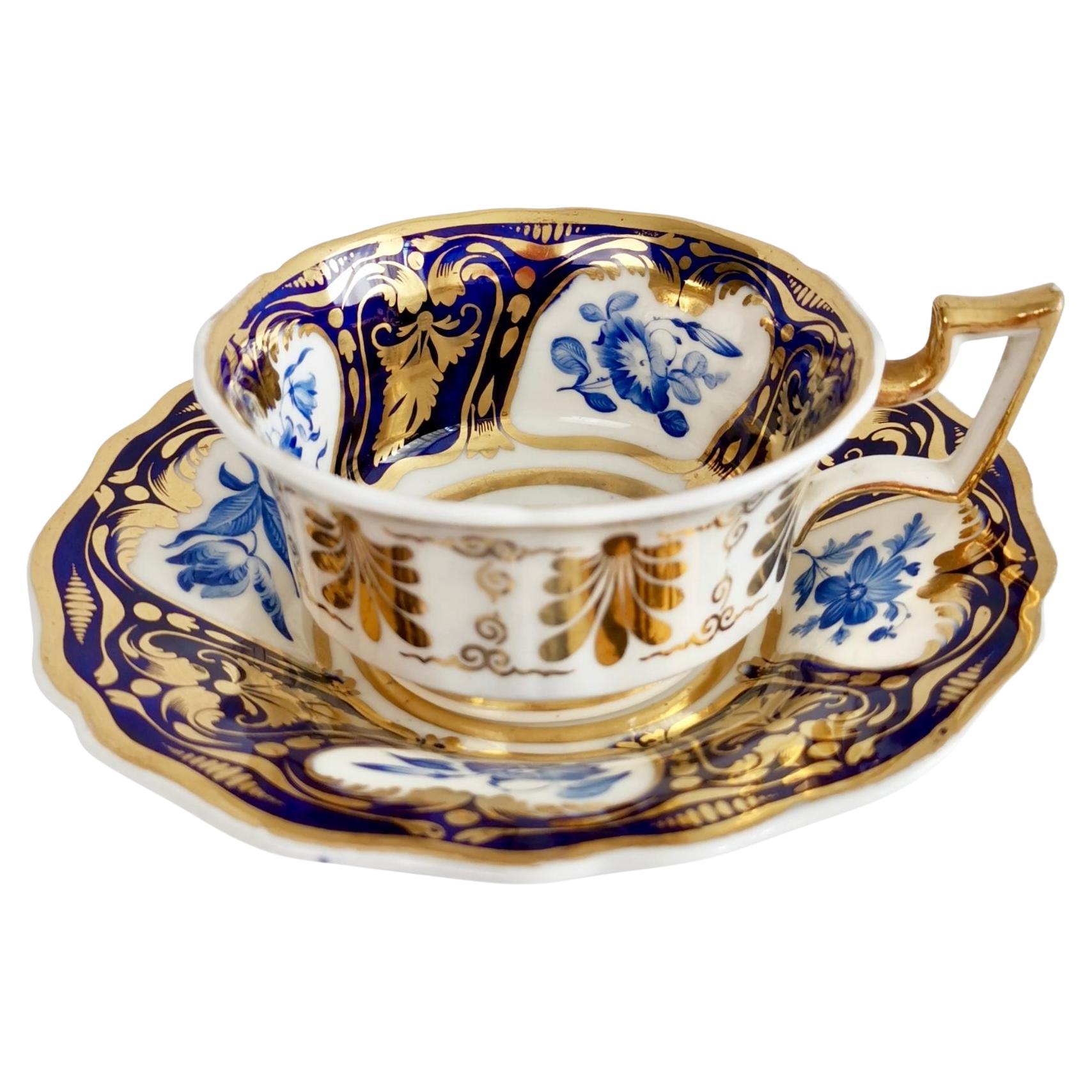 Ridgway Teacup and Saucer, Blue and Gilt, Flowers Patt. 2/1000, Regency ca 1825