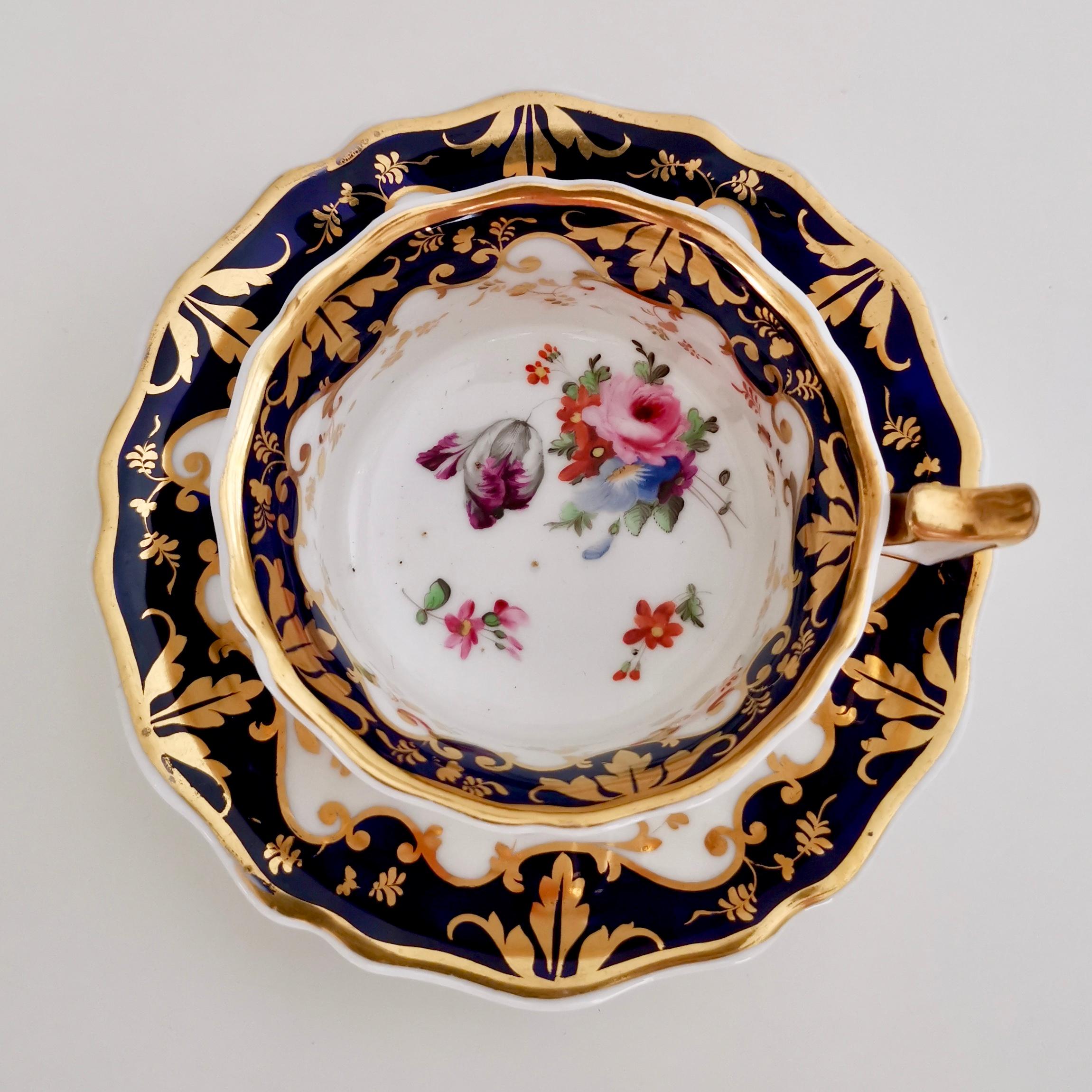 This is a Ridgway teacup and saucer made between 1820 and 1825, which is known as the Regency period. The shape is typical for its time and is called the 