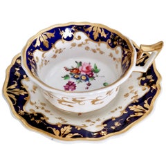 Used Ridgway Porcelain Teacup, Cobalt Blue, Gilt and Flowers, Regency 1820-1825