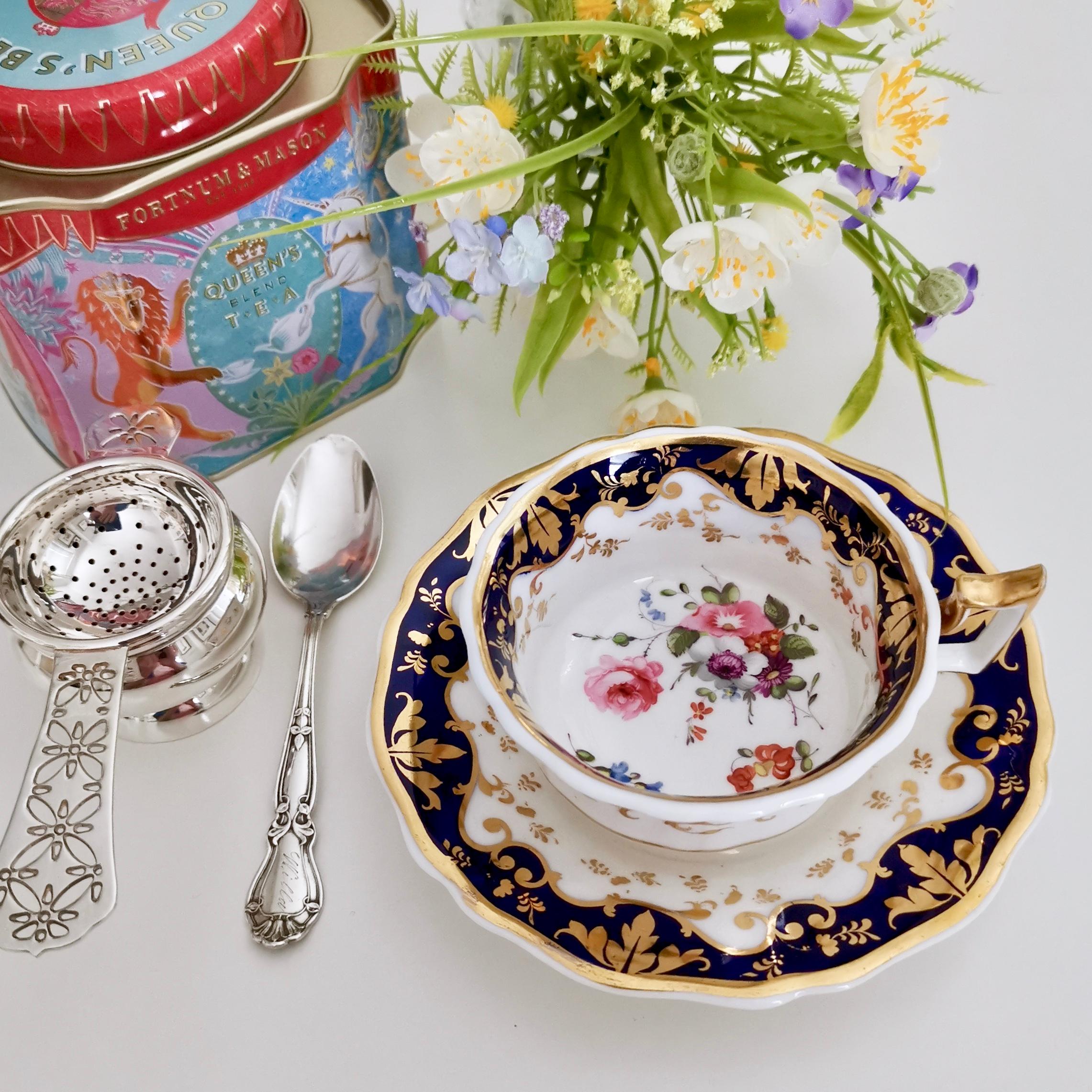 This is a Ridgway teacup and saucer made between 1820 and 1825, which is known as the Regency period. The shape is typical for its time and is called the 