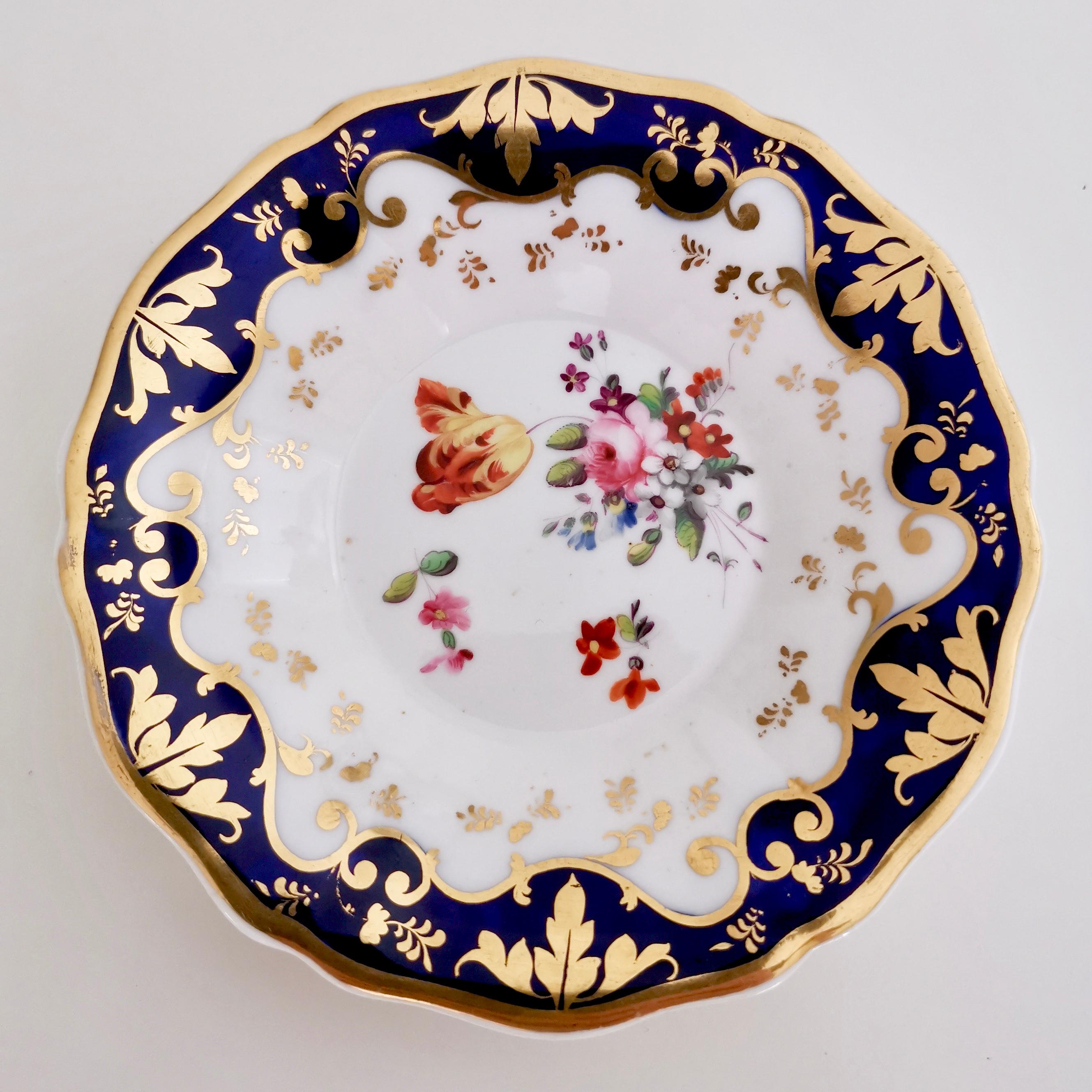 English Porcelain Teacup by Ridgway, Gilt, Cobalt Blue and Flowers, Regency, 1820-1825