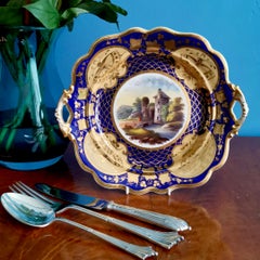Ridgway Twin-Handled Porcelain Plate, Cobalt Blue, Gilt and Landscape circa 1825