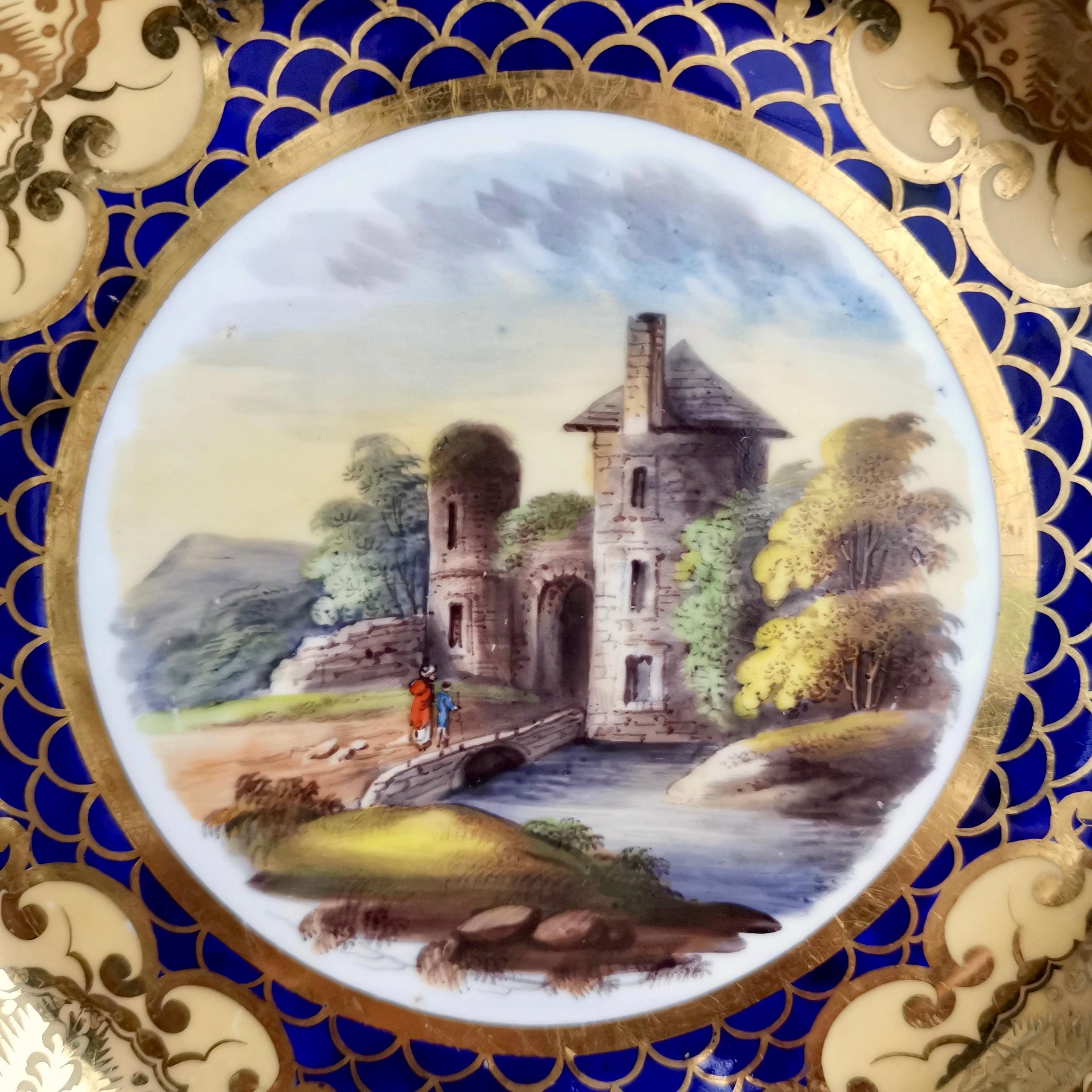 Regency Ridgway Twin-Handled Porcelain Plate, Cobalt Blue, Gilt and Landscape circa 1825