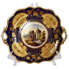 Antique Ridgway Twin-Handled Porcelain Plate, Cobalt Blue, Gilt and Landscape circa 1825