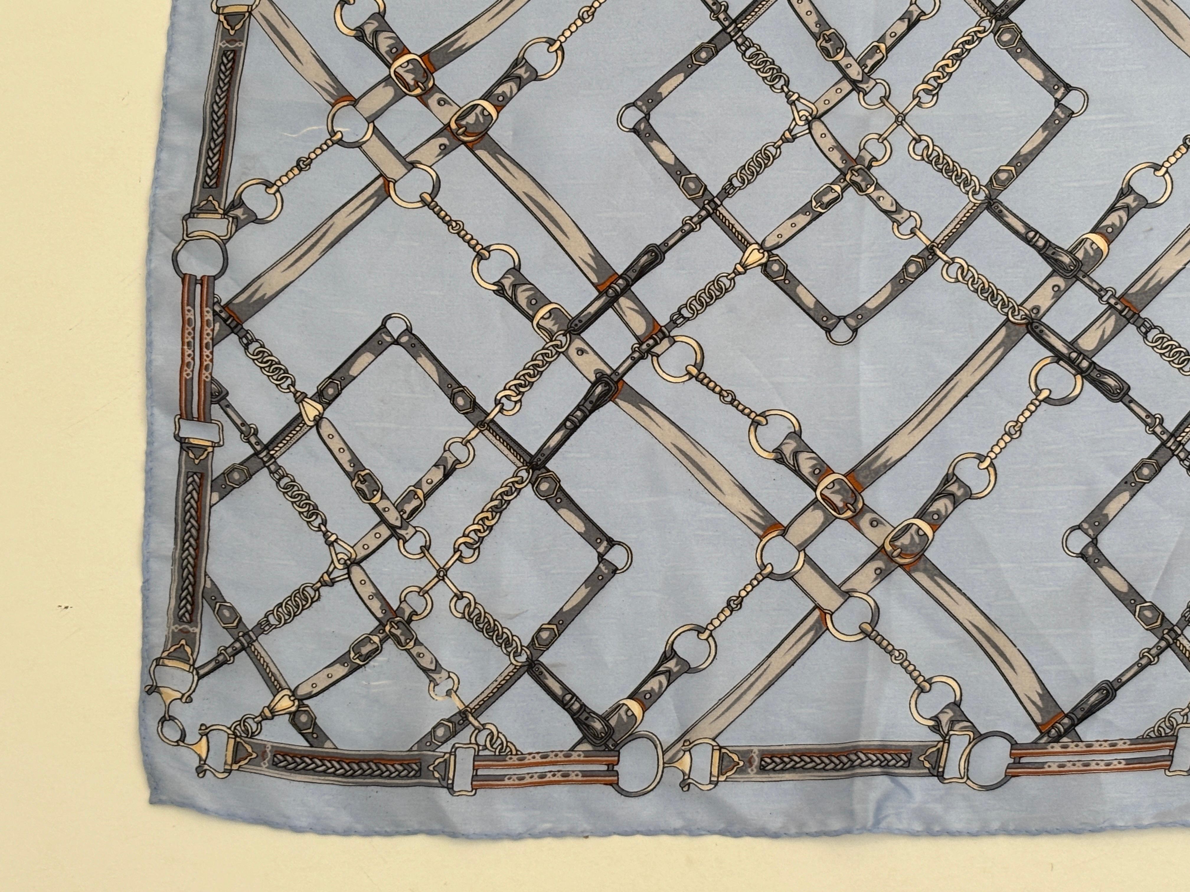 Riding Gear and Horse Bit Light Blue Silk Pocket Square Handkerchief In Good Condition For Sale In North Hollywood, CA