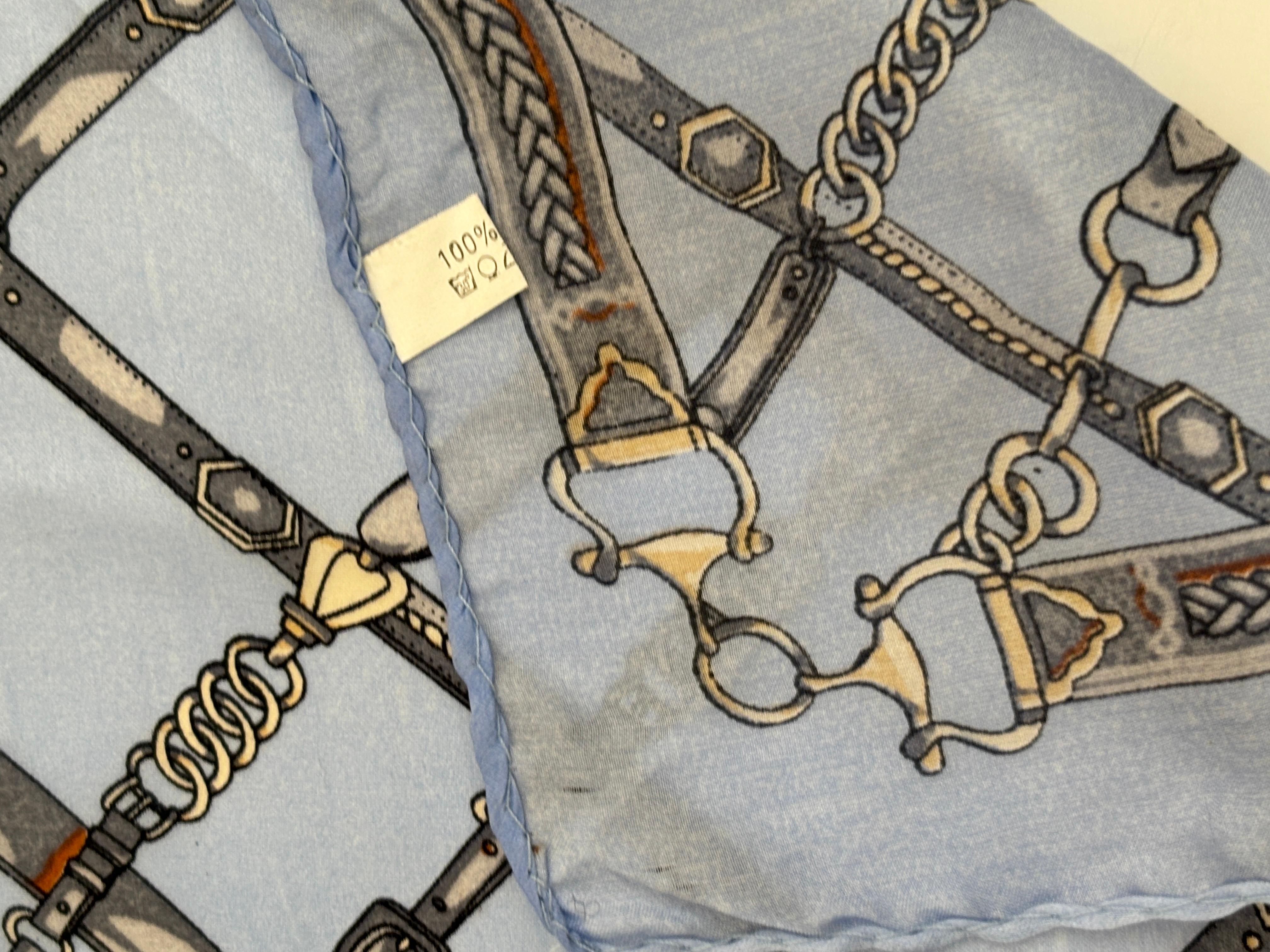 Riding Gear and Horse Bit Light Blue Silk Pocket Square Handkerchief For Sale 3