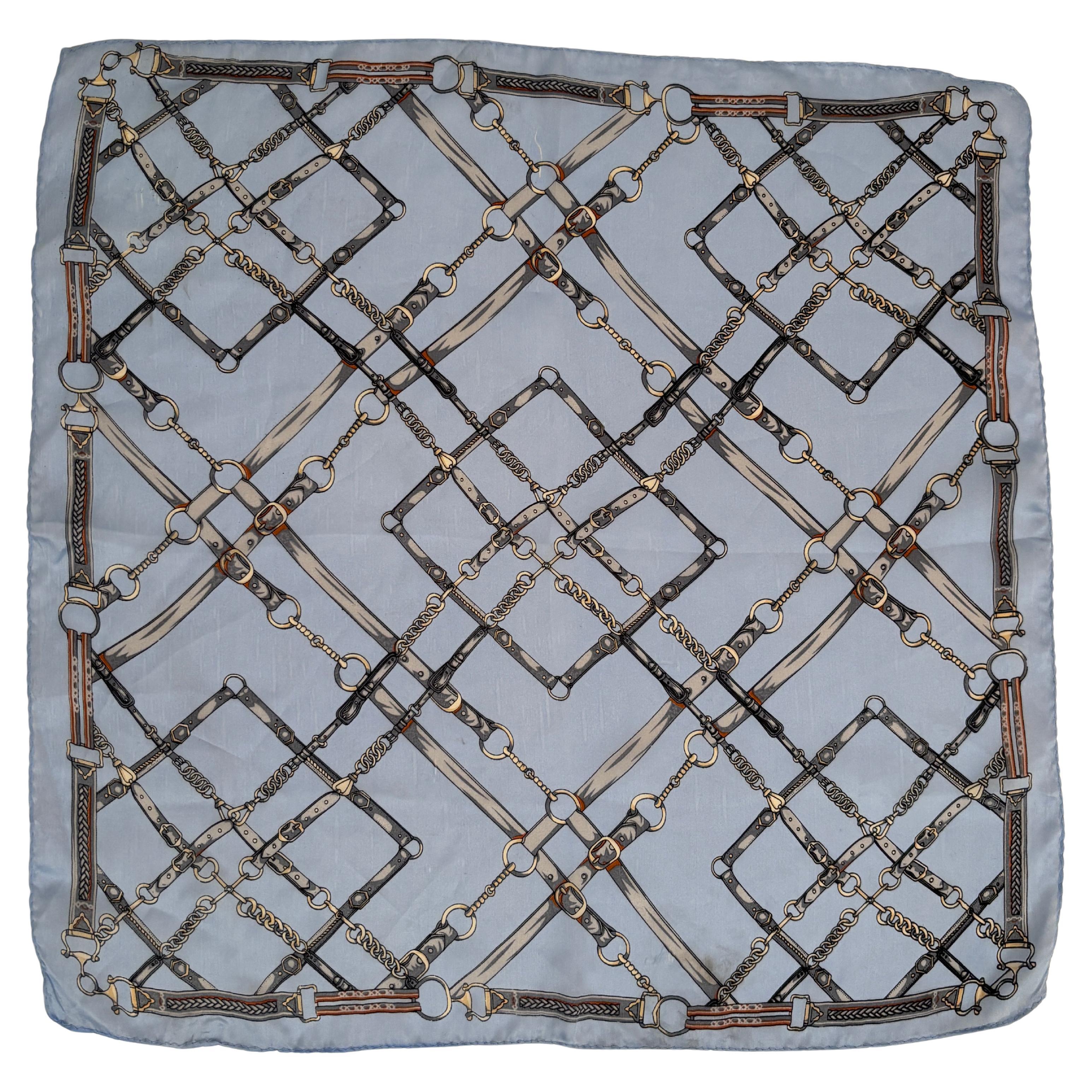 Riding Gear and Horse Bit Light Blue Silk Pocket Square Handkerchief For Sale