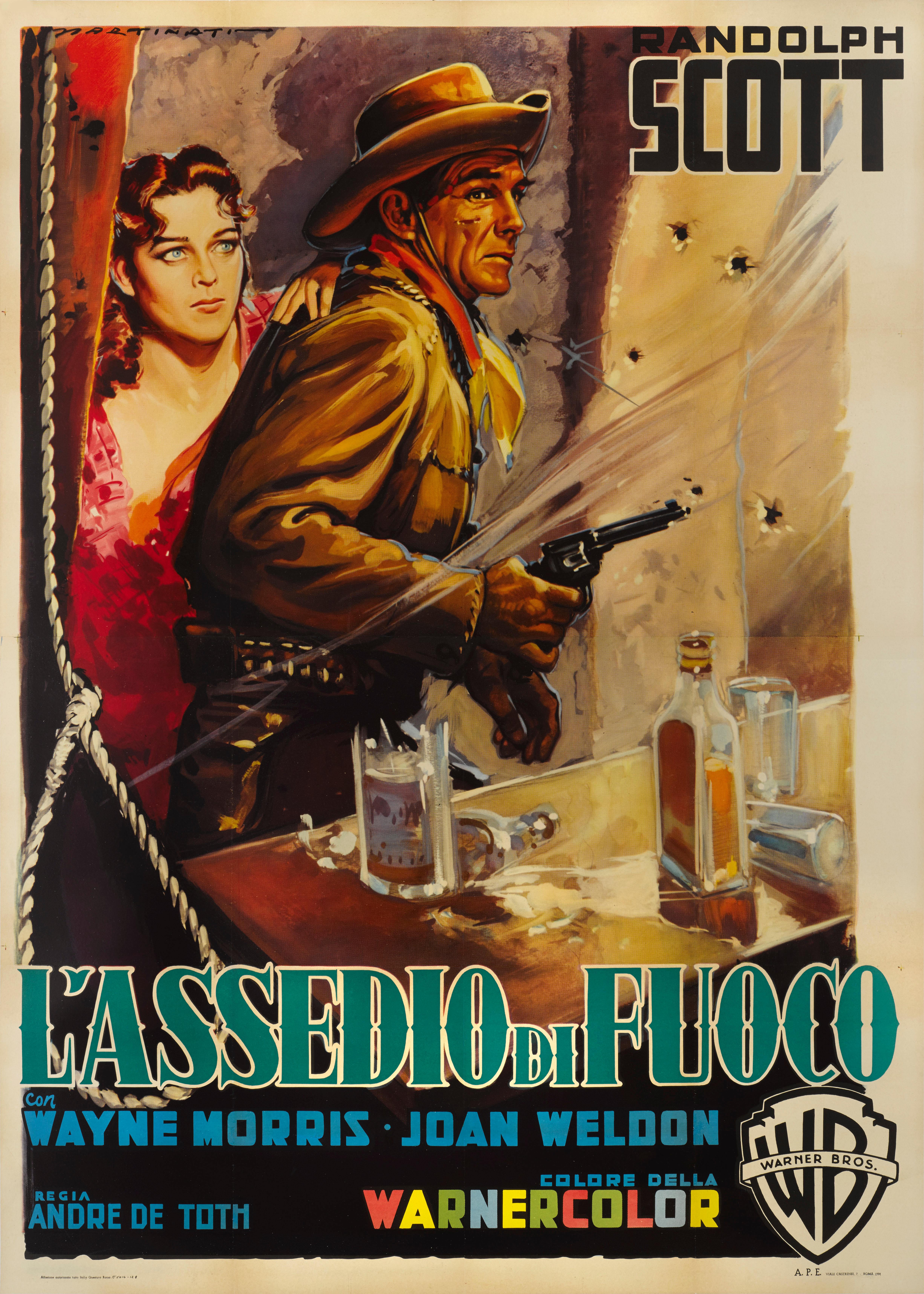 Original Italian film poster for White Heat, 1954.
This western was directed by Andre DeToth, and stars Randolph Scott, Wayne Morris and Joan Weldon. The film was based on Kenneth Taylor Perkins's 1942 short story riding solo.
Luigi Martinati is
