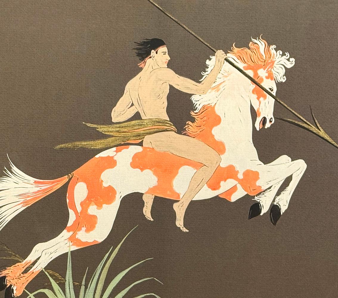 Dipinto in un'epoca in cui la nazione era sempre più interessata a luoghi e popoli esotici - tra cui il Messico, il Pacifico meridionale, l'Asia e il Sud-Ovest - questo quadro Art Déco di un nudo nativo americano che cavalca un cavallo dai colori