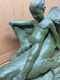 "Riding the Waves, " Large, Joyous Art Deco Sculpture of Boy Riding Seal